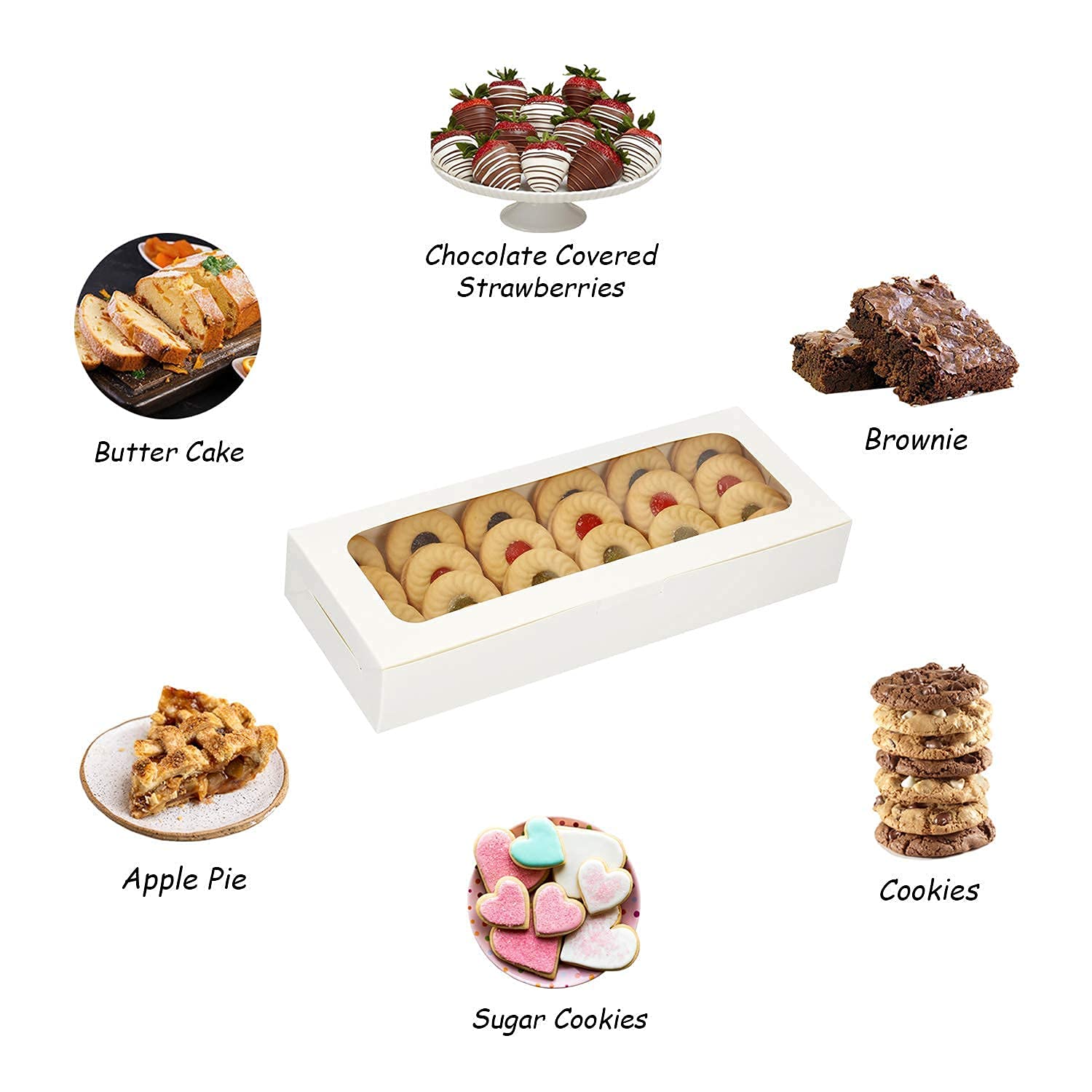 Makolo 20 Pack Bakery Boxes With Window Small 9.8X4X1.5 Inch For Sugar Cookie, Chocolate Covered Strawberry, Cake, Candy, Tart,
