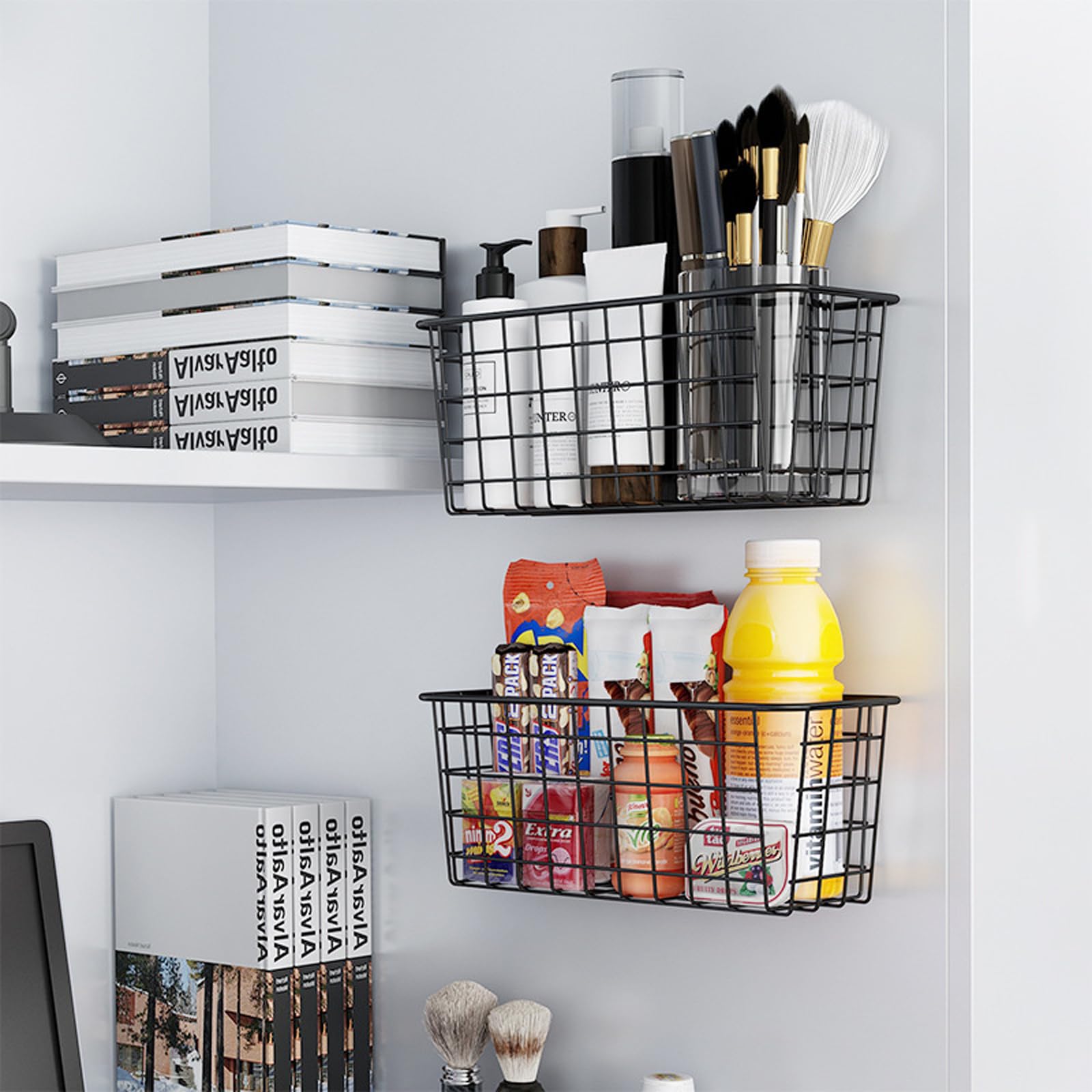 Hanging Kitchen Baskets For Storage Adhesive Small Wire Storage Baskets No Drilling Wall Mounted Shelf With Kitchen Food Pantry