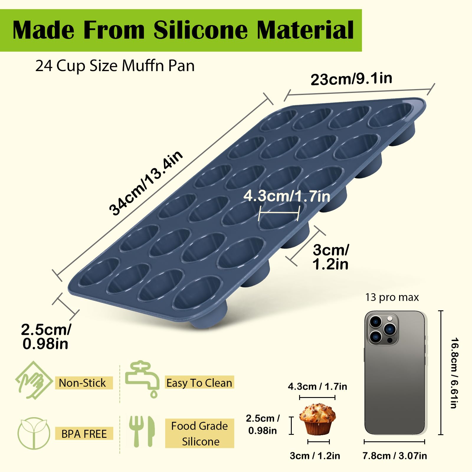 Vnray 2 Pack Mini Silicone Muffin Baking Pan & Cupcake Tray 24 Cups - Nonstick Cake Molds/Tin, Silicon Bakeware, Bpa Free, Dishw