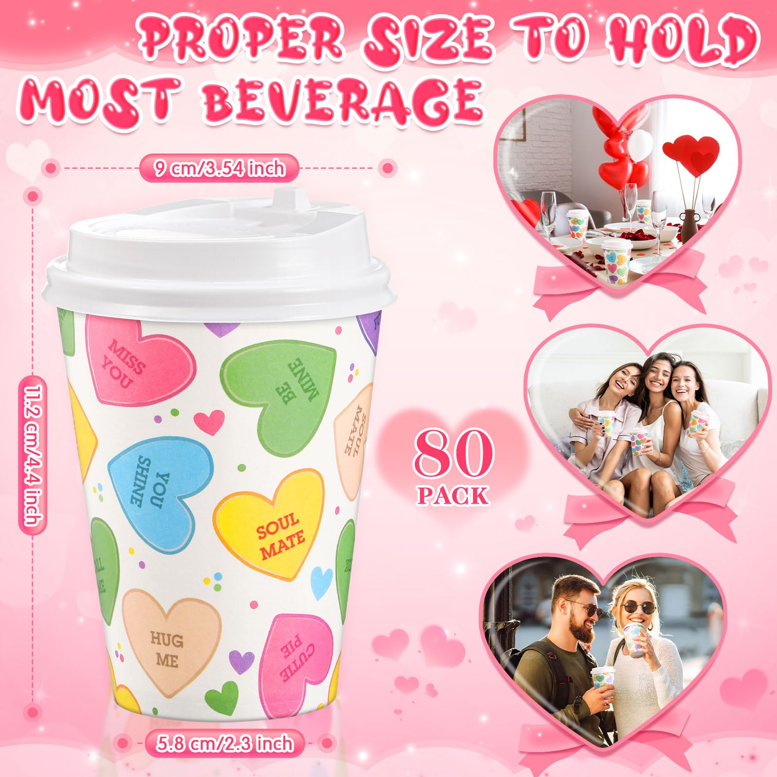Jingmore 80 Set 12 Oz Valentine'S Day Disposable Coffee Cups With Lids Bulk Love Conversation Heart Paper Cup For Valentines Hot