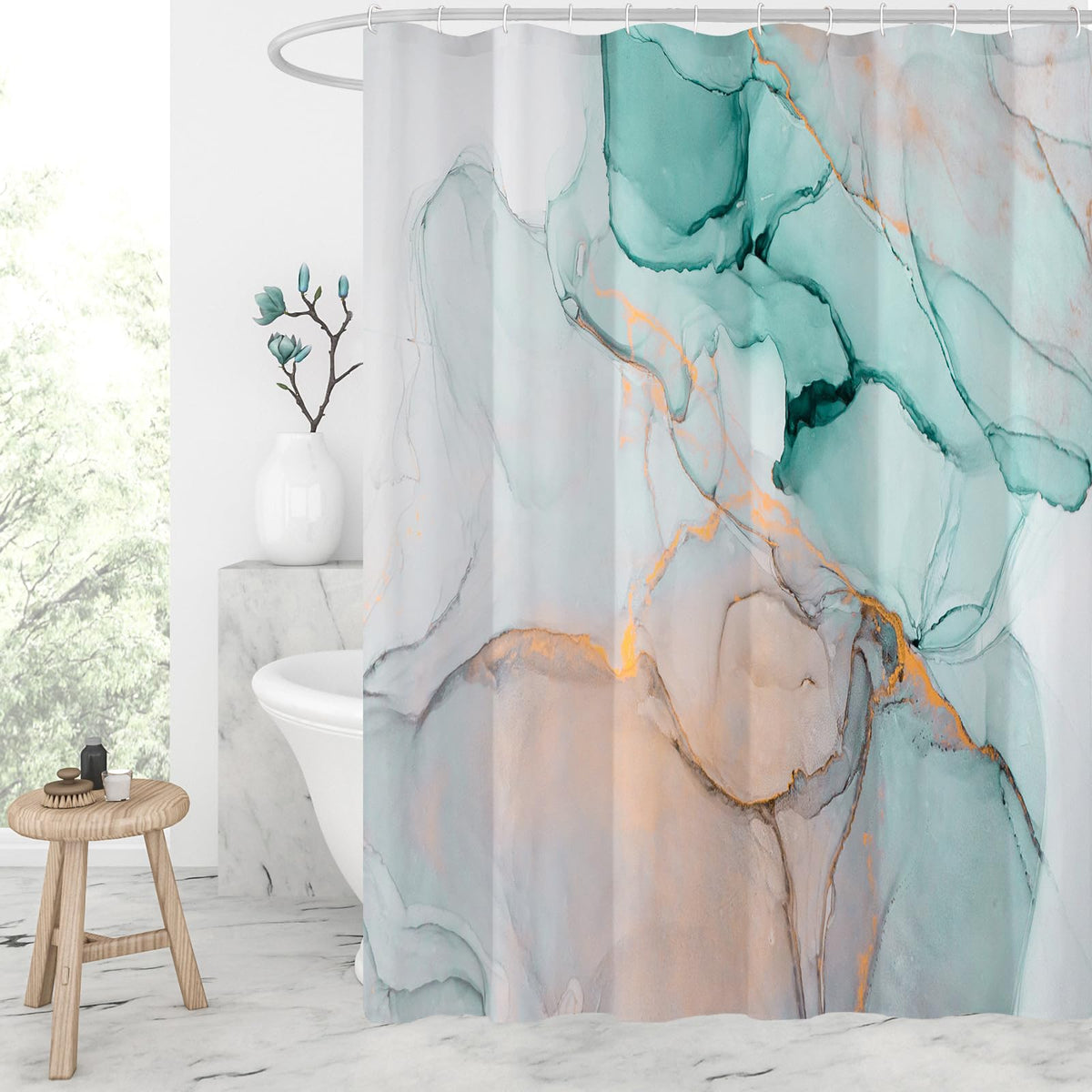 Gibelle Abstract Marble Shower Curtain, Teal Grey Fabric Shower Curtain For Bathroom, Modern Ink Art Decor Waterproof Shower Cur