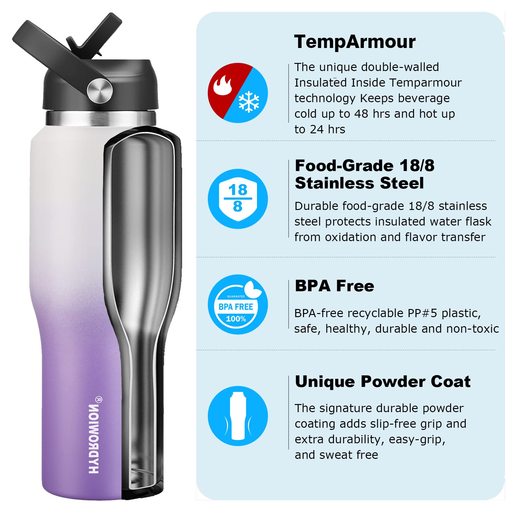 HYDROWION Stainless Steel Water Bottle  32oz Tumbler Water Flask W/Straw Lid  Spout Lid and Flex Cap  Insulated Water Bottle (Cold for 48 Hrs Hot for 24 Hrs) Fit in Any Car Cupholder White&Purple
