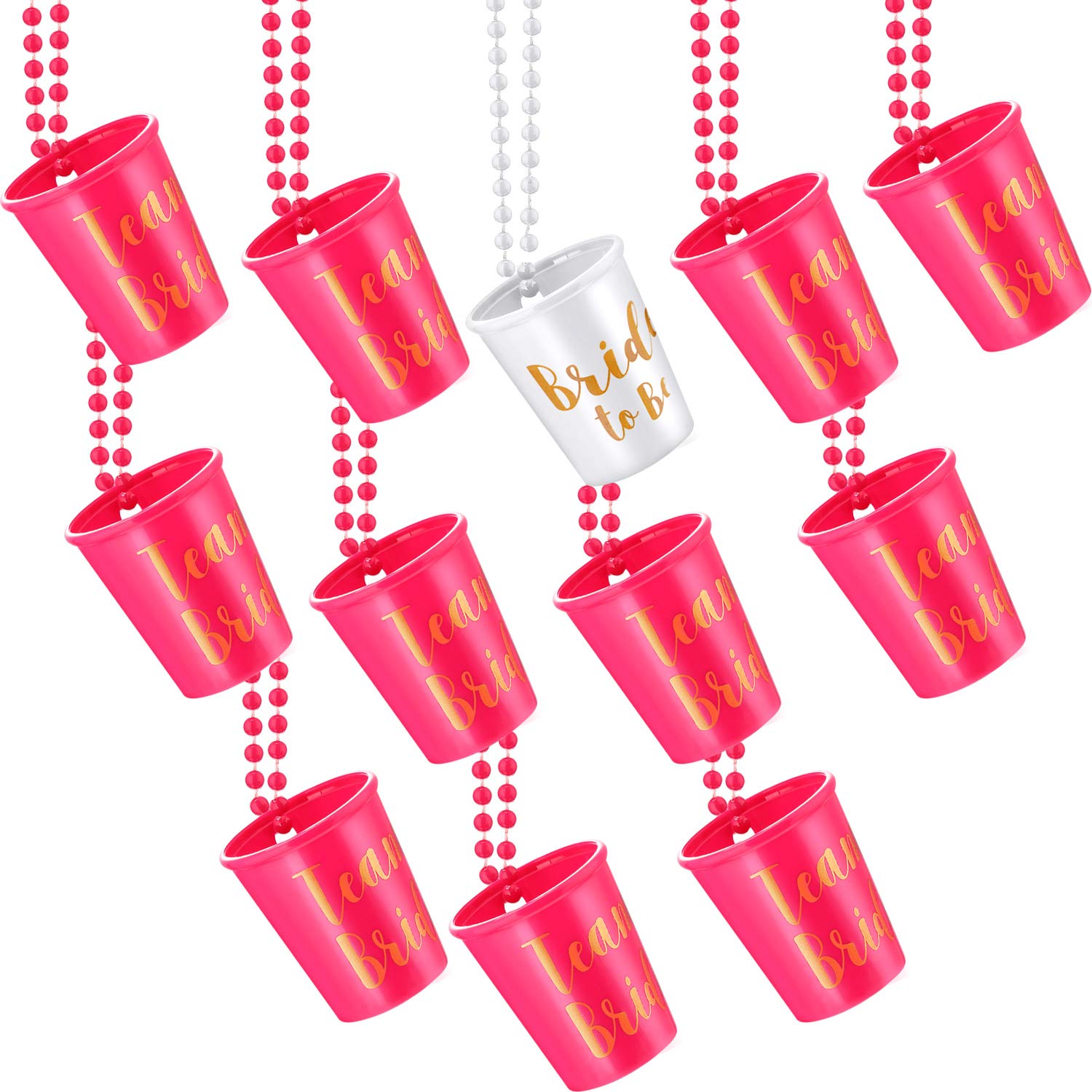 Maitys 12 Pieces Bride Plastic Beaded Bridal Shot Glass Necklace Gold Foil For Bachelorette Party Bridal Party Necklaces (White,