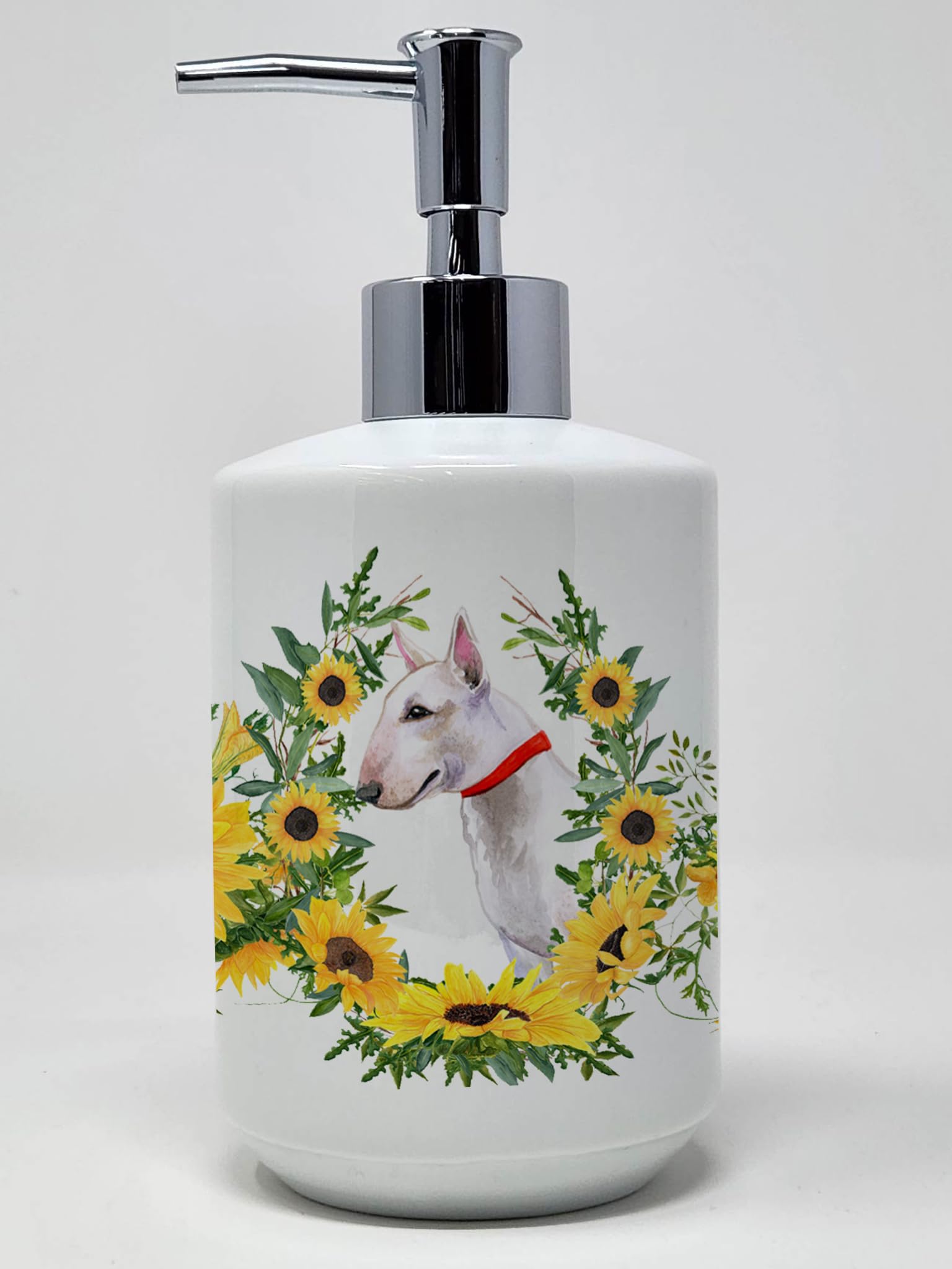 Caroline'S Treasures Ck2885Soap Bull Terrier In Sunflowers Ceramic Soap Dispenser Hand Soap Dispenser Pump Bottles For Bathroom