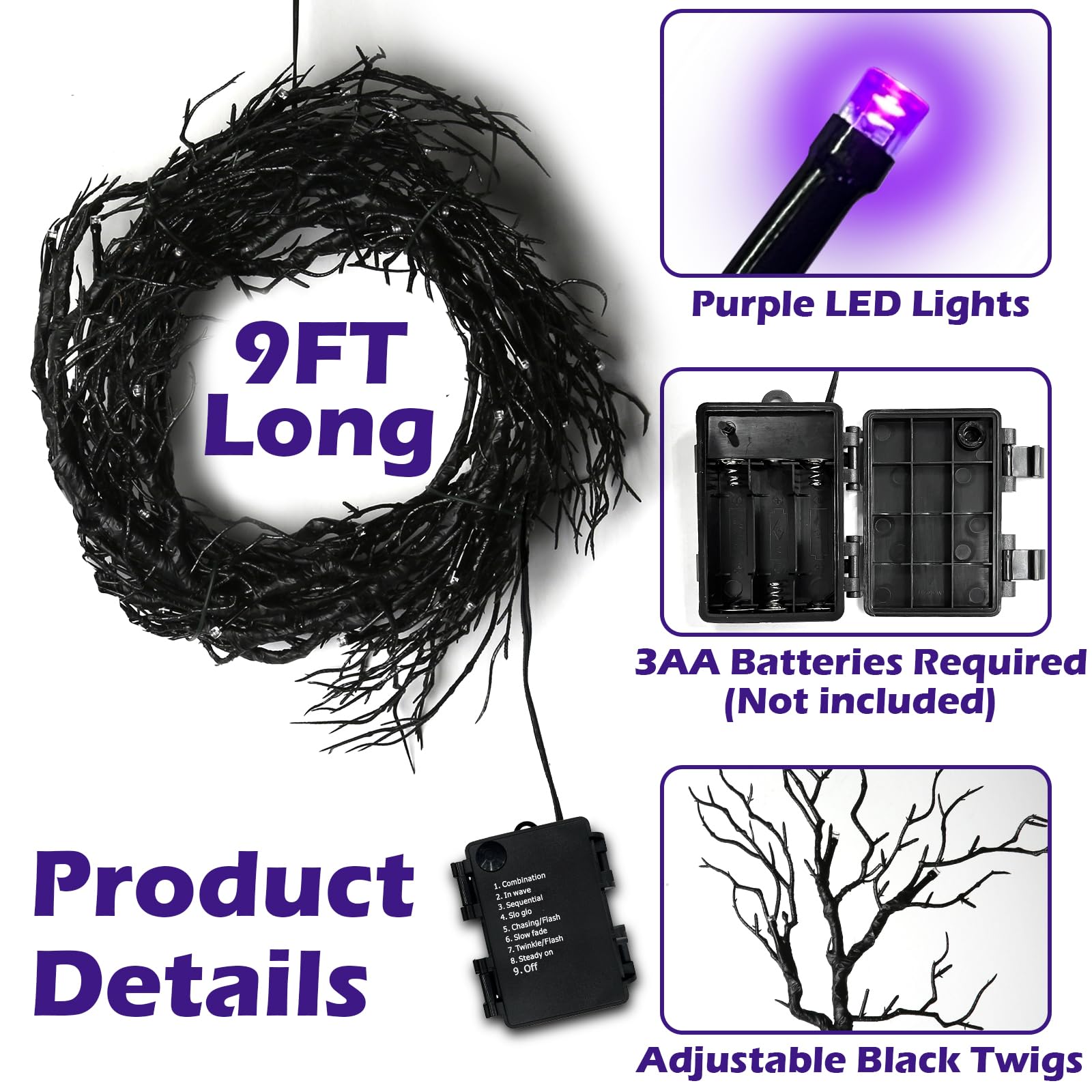 [ 8 Modes & Timer ] 9 Ft 66 LED Halloween Willow Vine Twig Decor Garland Decorations with Purple Lights, Halloween Garland with