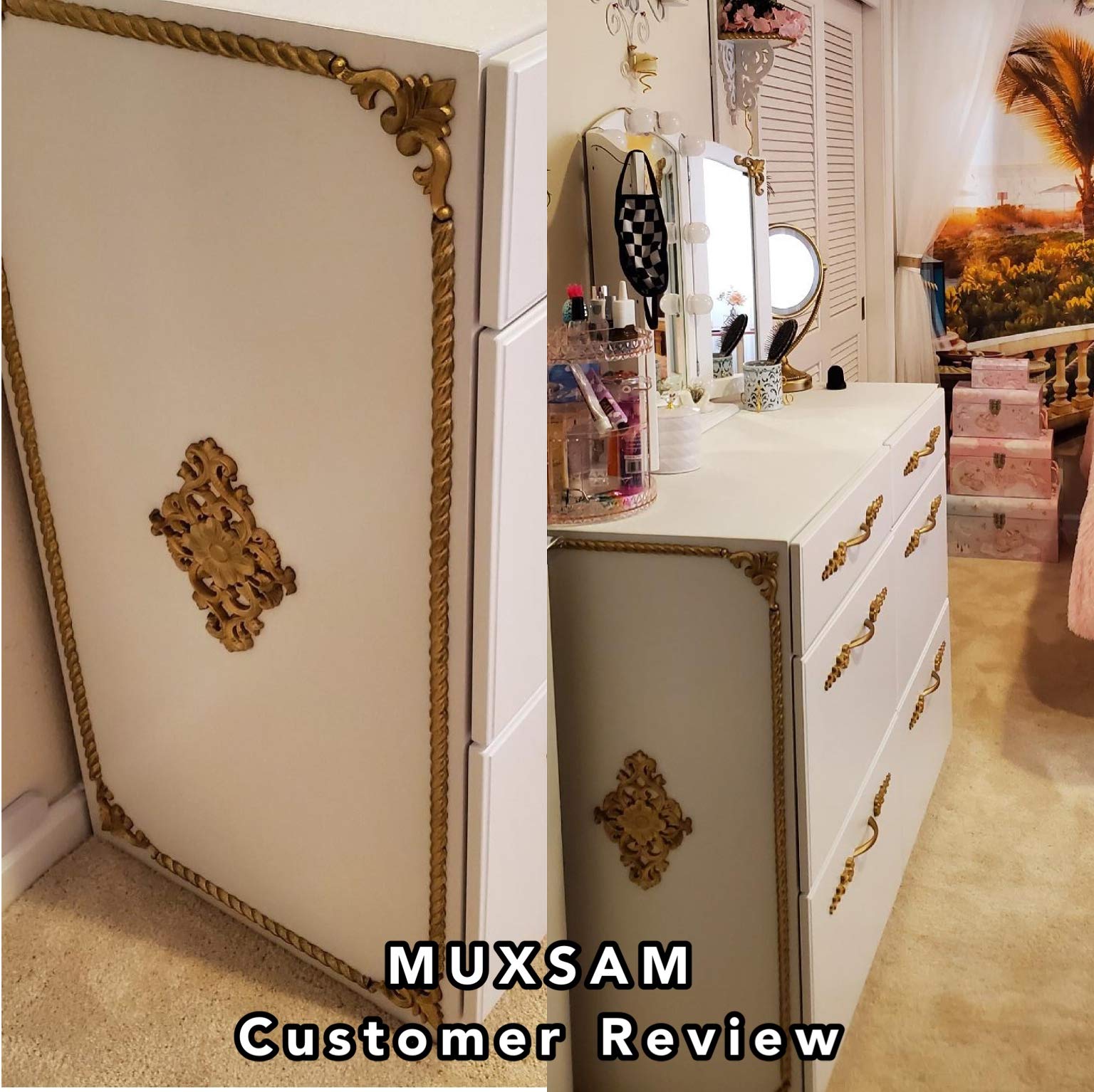 Wood Carved Appliques  2Pcs Wooden Decorative Onlays  MUXSAM Unpainted Furniture Center Decals for Cabinet Dresser Bed Door Wall Wardrobe Ceiling Decoration Home DIY Project  21x15cm/8.27''x5.9''