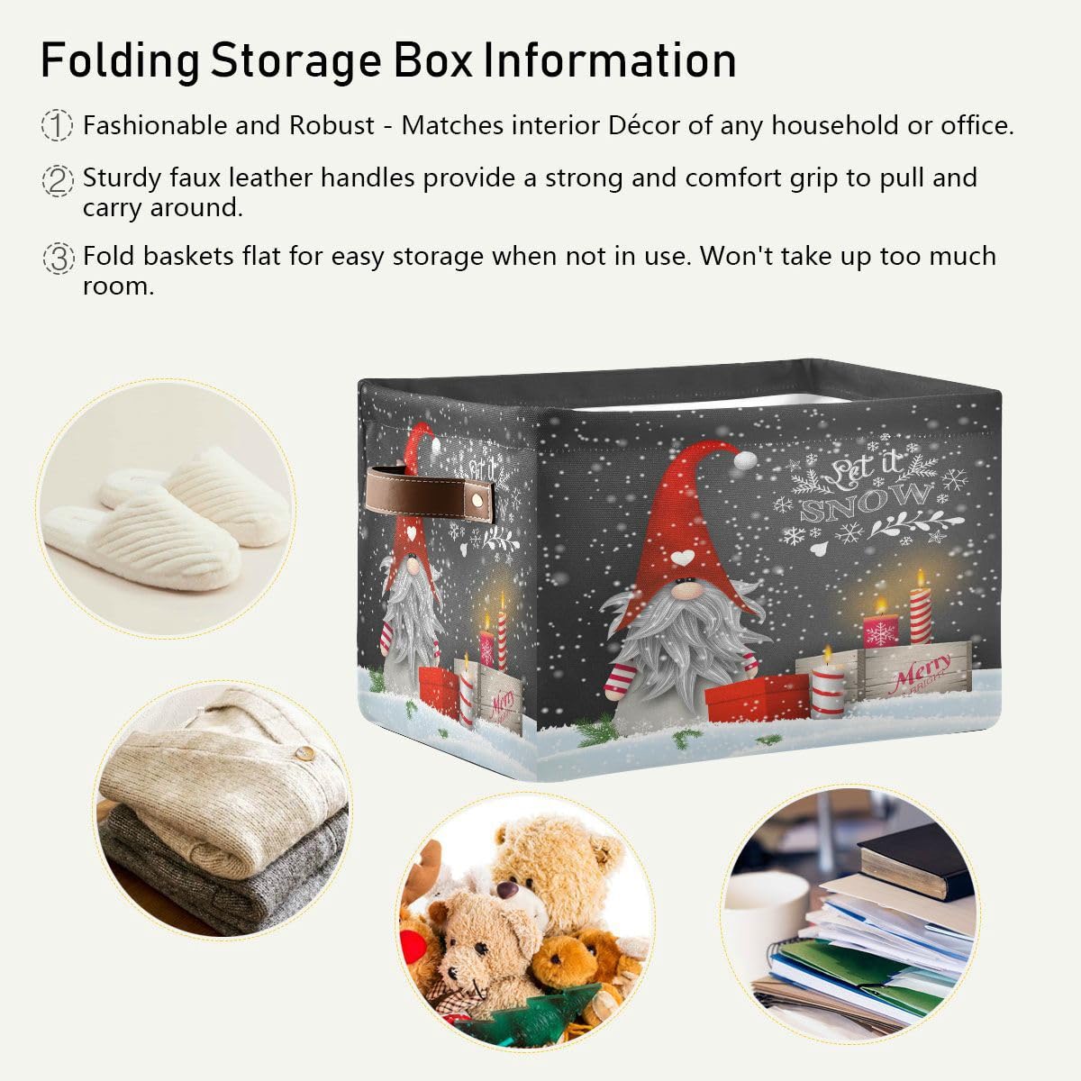 Winter Gnomes Storage Basket Fabric Kitchen Baskets Let It Snow Christmas Decorations Open Home Storage Bins Boxes Foldable Orga