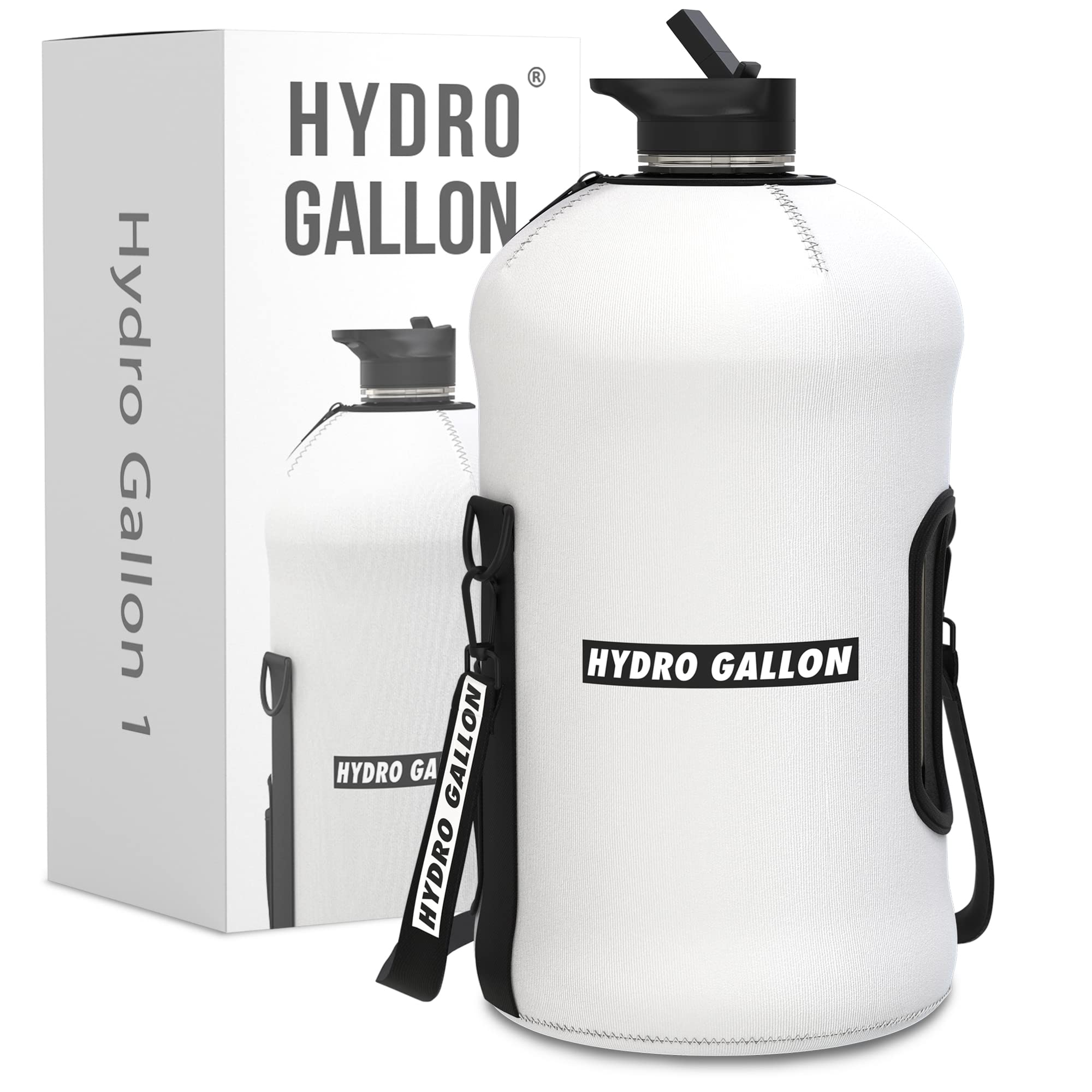 Hydro Gallon    1 - Gallon Water Bottle Jug With Insulated Sleeve And Straw Lid, Handle, Motivational Time Marker, Pocket, Shoul