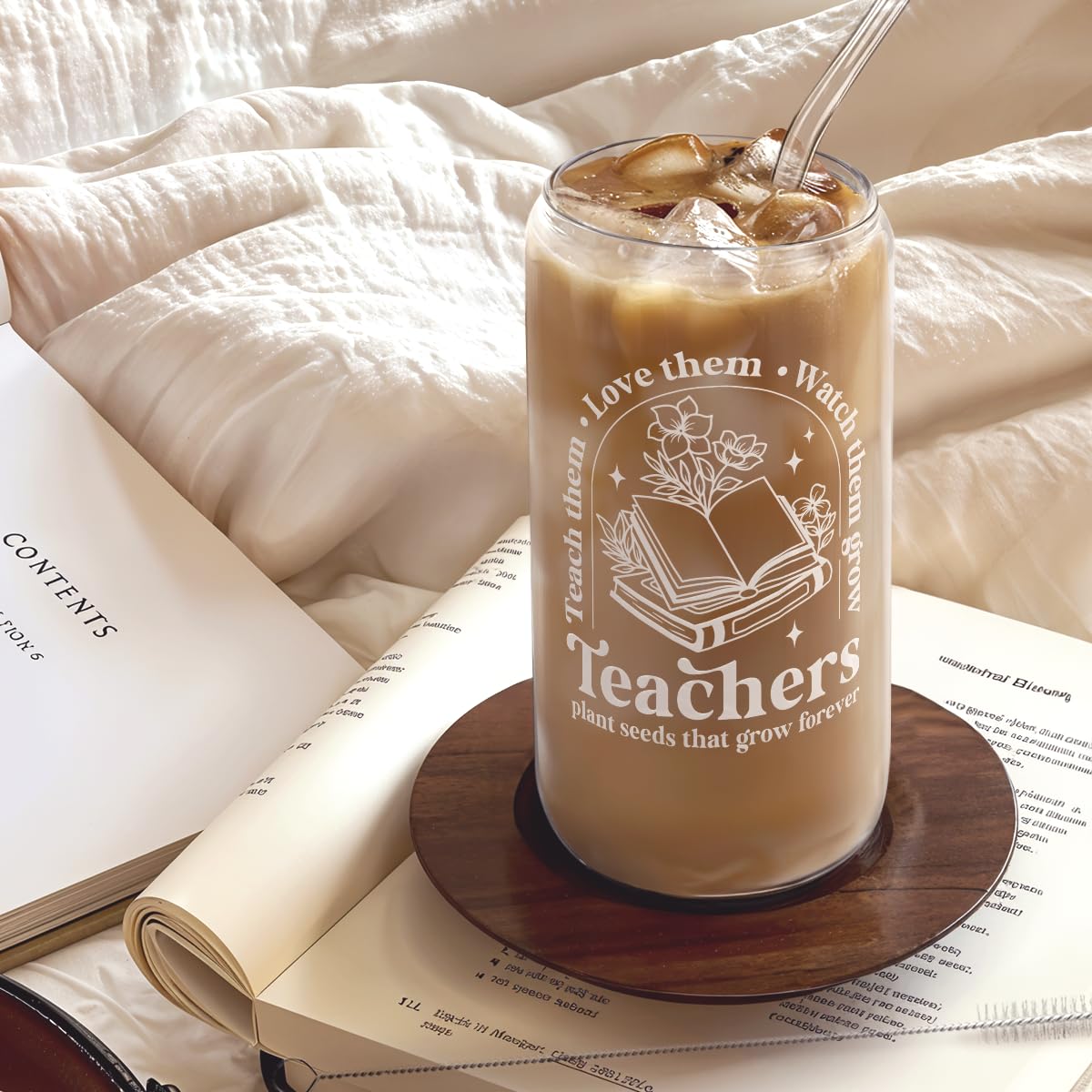 Teacher Glass Can, Teachers Plant Seeds That Grow Forever Cup with Lid & Straw, Coffee Aesthetic Cups, Gift for Christmas Teache
