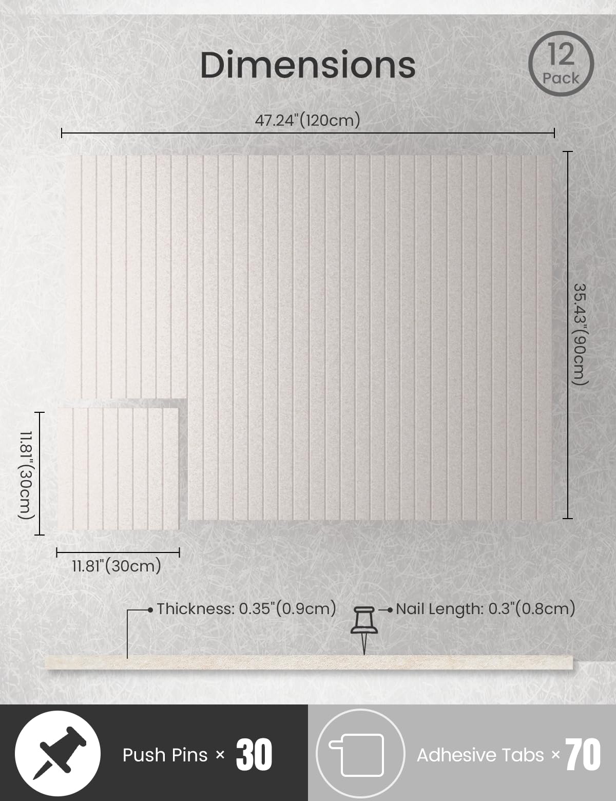 Bumusty Large Cork Board Alternative-47 x35 Felt Bulletin Board Tiles, with 30 Pushpins, 70 Adhesive Tabs, 12-Pack Slat Wall Pan