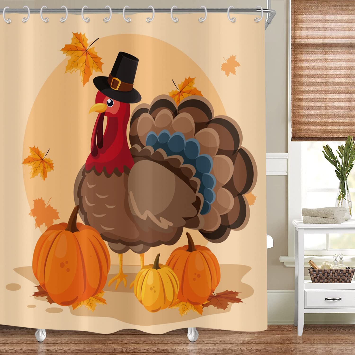 Gcirec Thanksgiving Shower Curtain, Fall Harvest Pumpkin Bath Curtain Maple Leaves Turkey Bathroom Curtain Waterproof Fabric Mac