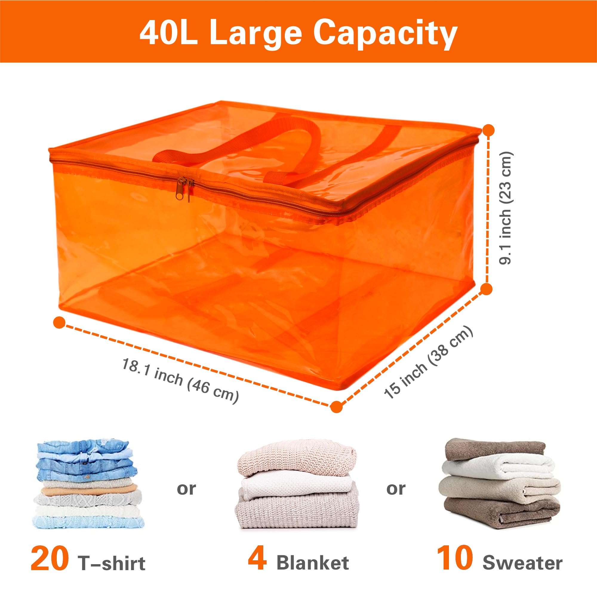 Vieshful Orange 40L Clear Clothes Storage Bag Colorful Clothes Organizer with Zipper Vinyl Storage Bag for Comforter, Blanket, B