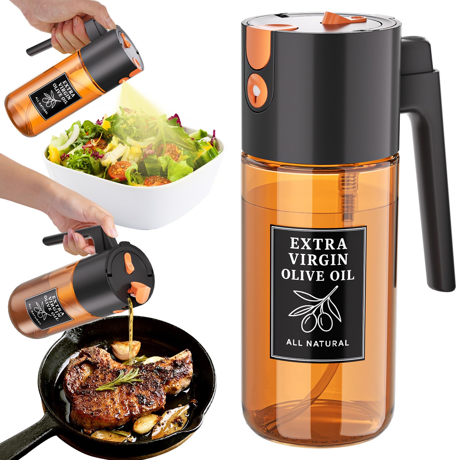TELUNSHI 500ml Black Oil Sprayer and Dispenser, 2-in-1 Dark-Tinted Glass Spray Bottle for Air Fryer, BBQ, Salad, Baking, Refilla