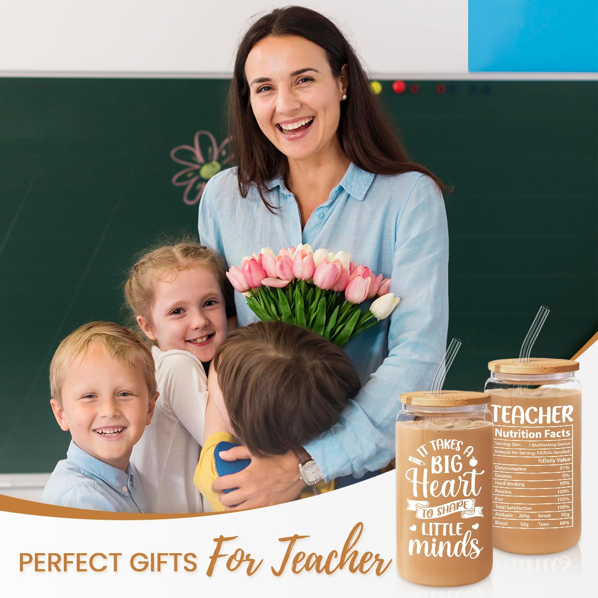 Teacher Gifts for Women - 16 Oz Can Glass Coffee Cup with Straws - Teacher Appreciation Gift for Women on Birthday Back To Schoo