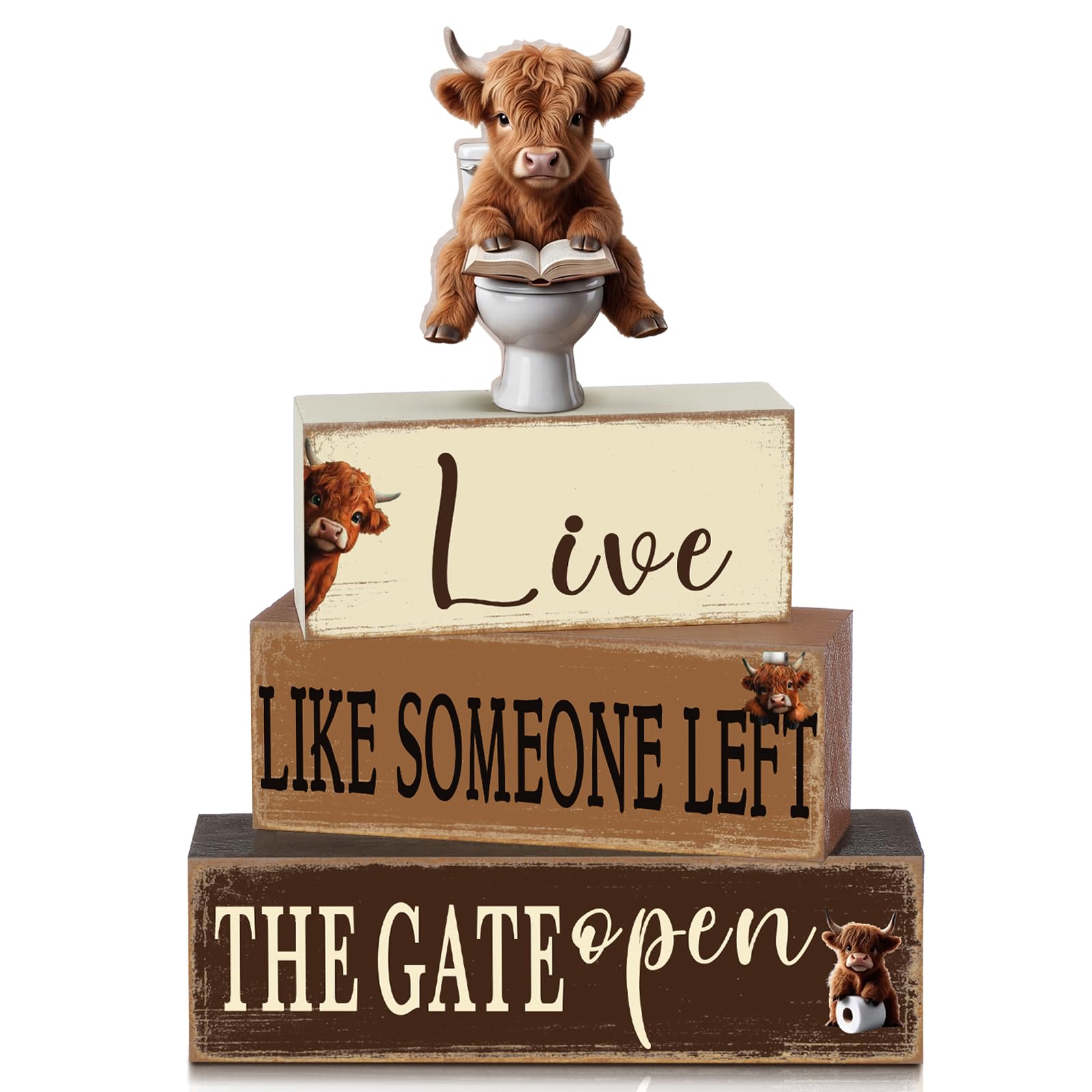 Geelin 4 Pcs Highland Cow Bathroom Decorations Bathroom Wooden Table Centerpiece Blocks Highland Cow Tiered Tray Decor Live Like