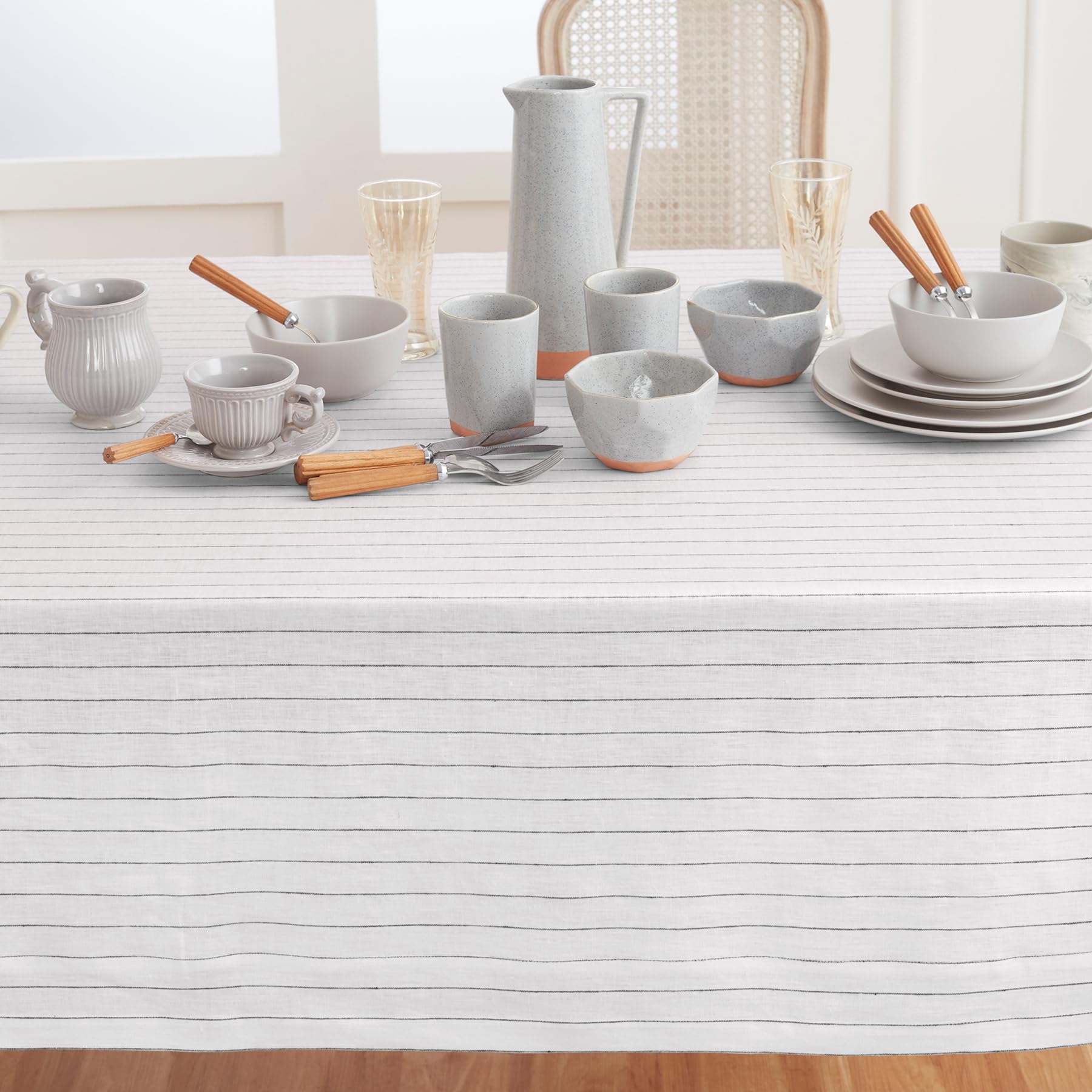 Solino Home Pinstripe Linen Tablecloth 90'' L X 60'' W Inch - 100% Pure Linen White And Black Tablecloth For Spring, Easter - Ha