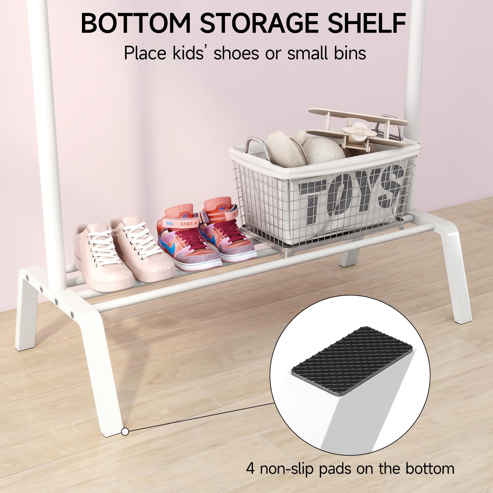 STWWO Kids Clothing Rack - Metal Dress Up Storage Organizer with Shelf, White