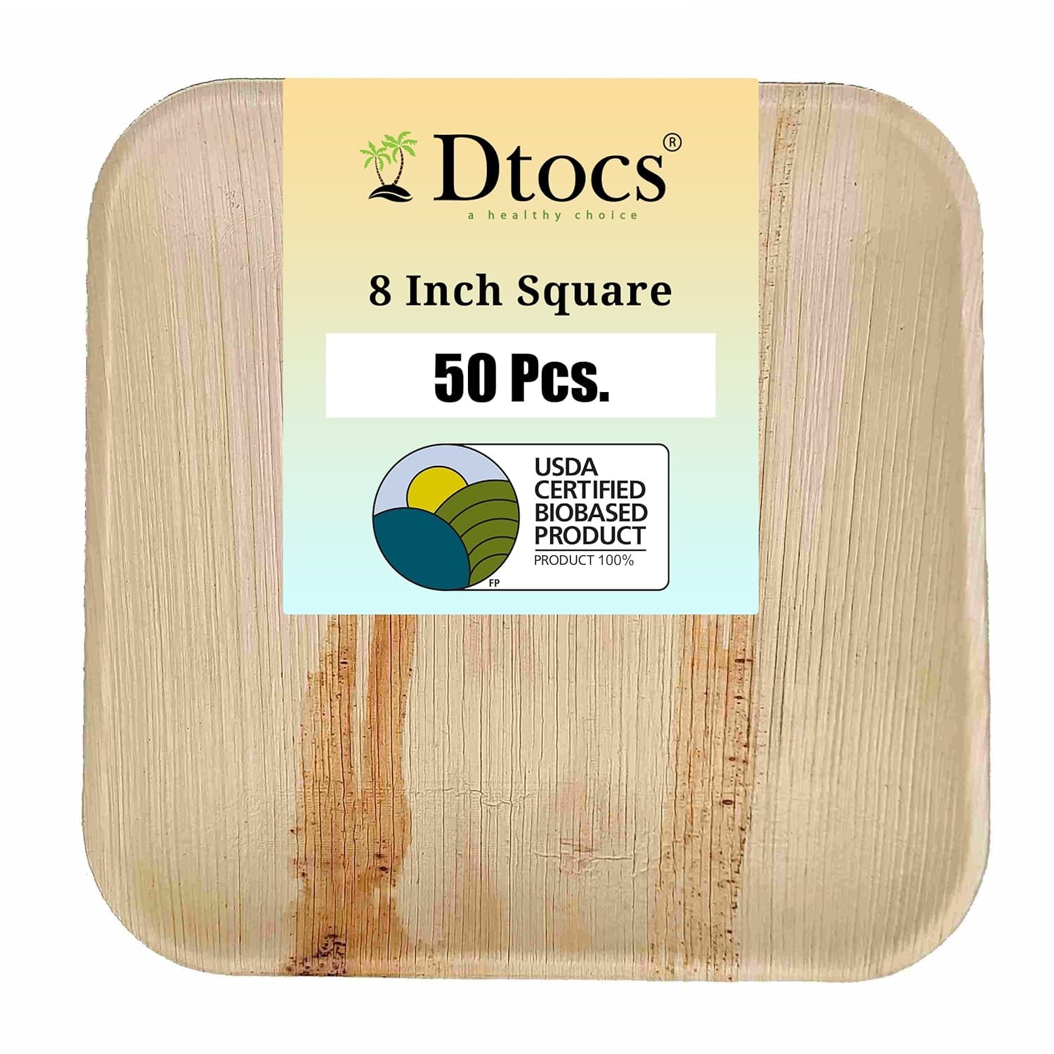 Dtocs Bamboo Plate Disposable Like 8 Inch Square Palm Leaf Plate (50) | Elegant, Sturdy, Compostable Dessert, Cake, Appetizer, M