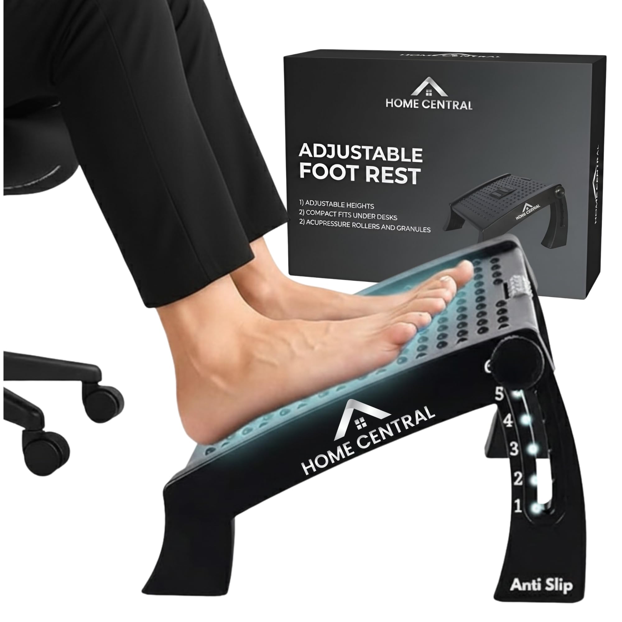 Homecentral Under Desk Foot Rest For Office Chair, Adjustable Footrest With Massage Surface, Comfortable Leg Rest With 6 Heights