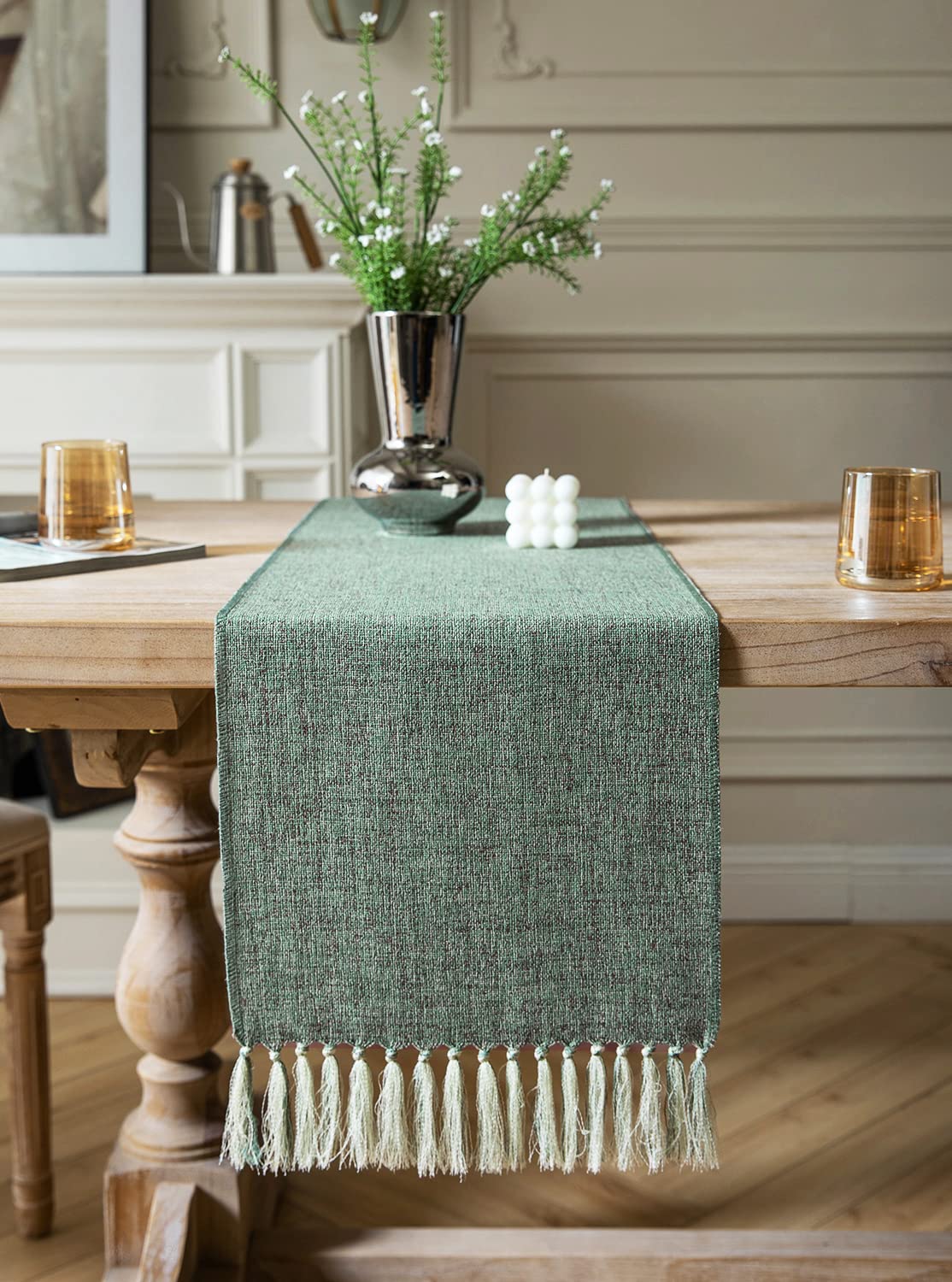 Zeemart Green Table Runners 90 Inches Long, Burlap Linen Style Rustic Farmhouse Table Runner, Long Boho Dining Table Runner, 13X