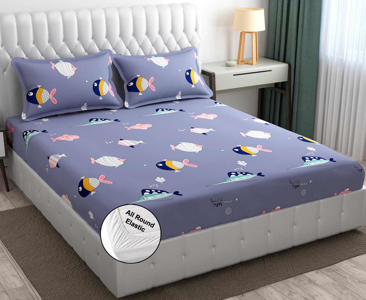 FRESH FROM LOOM Glace Cotton Wrinkle Free Soft Hypoallergenic Elastic Fitted Cartoon Printed Bedsheets for Kids with 2 Pillow(Si
