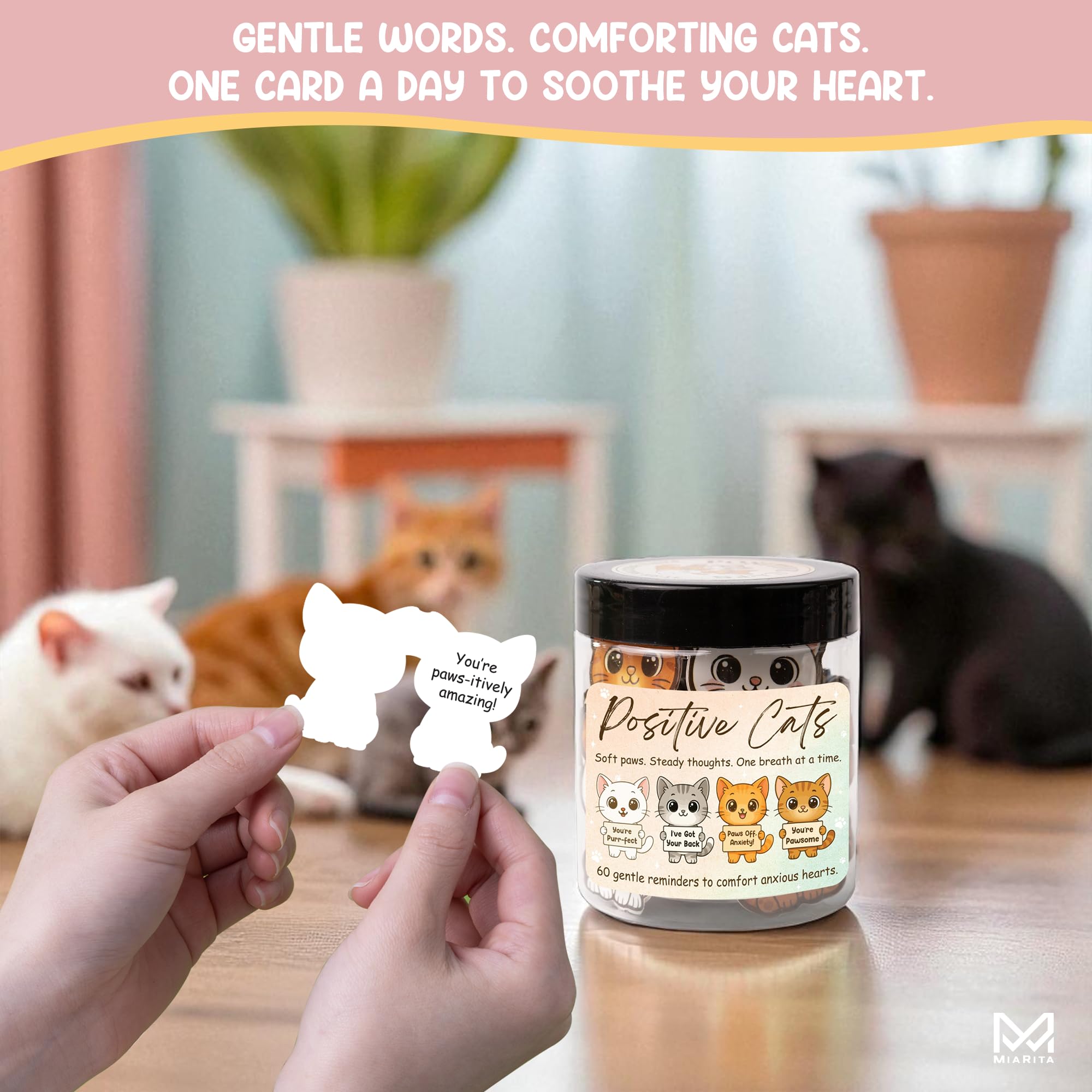 Miarita Positive Cats Jar - 60 Affirmation Cards for Anxiety & Self Care, Gifts For People With Anxiety, Cat Gifts for Women, Te