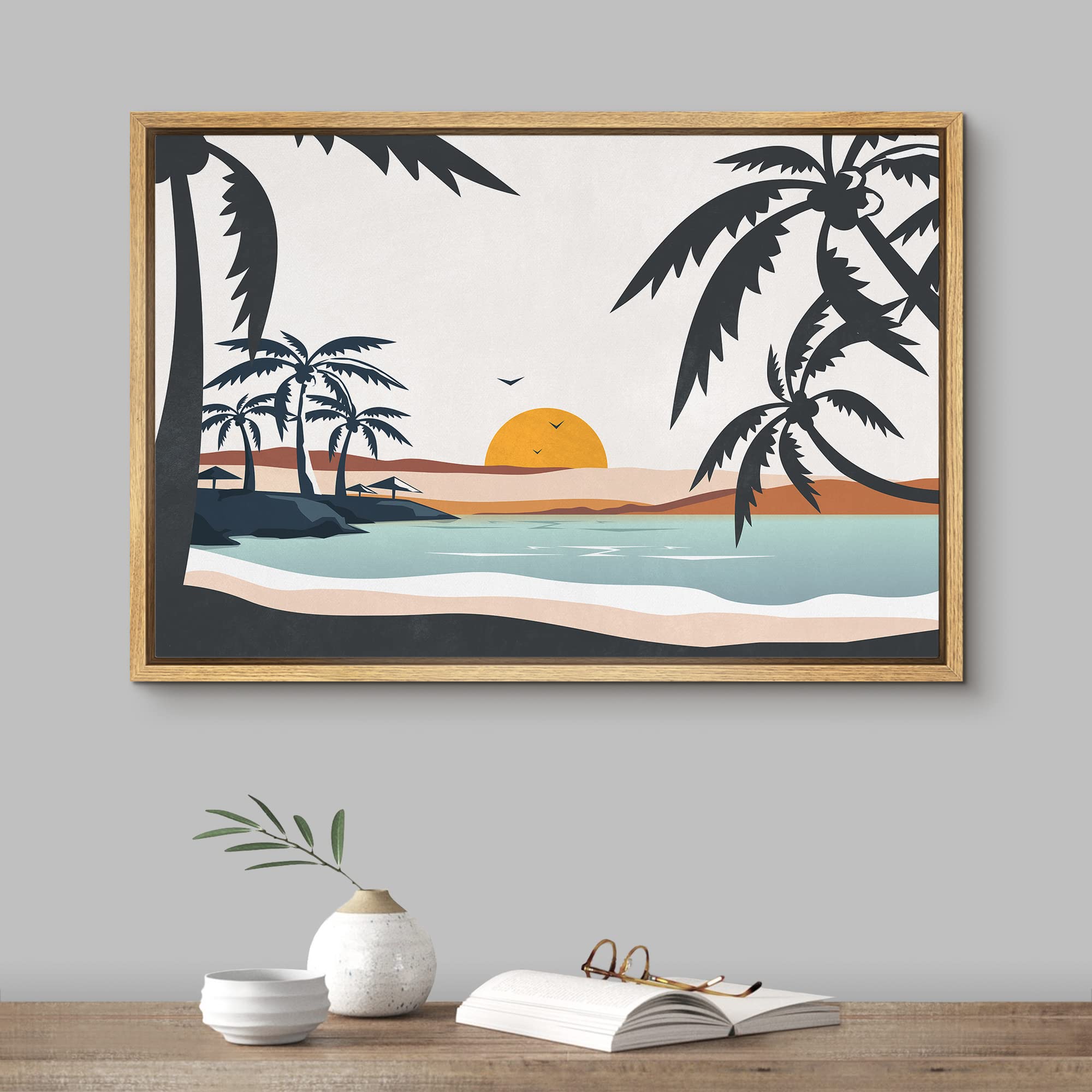 Signford Framed Canvas Print Wall Art Pastel Ocean Sunshine Sunset Horizon Nature Wilderness Illustrations Modern Art For Living