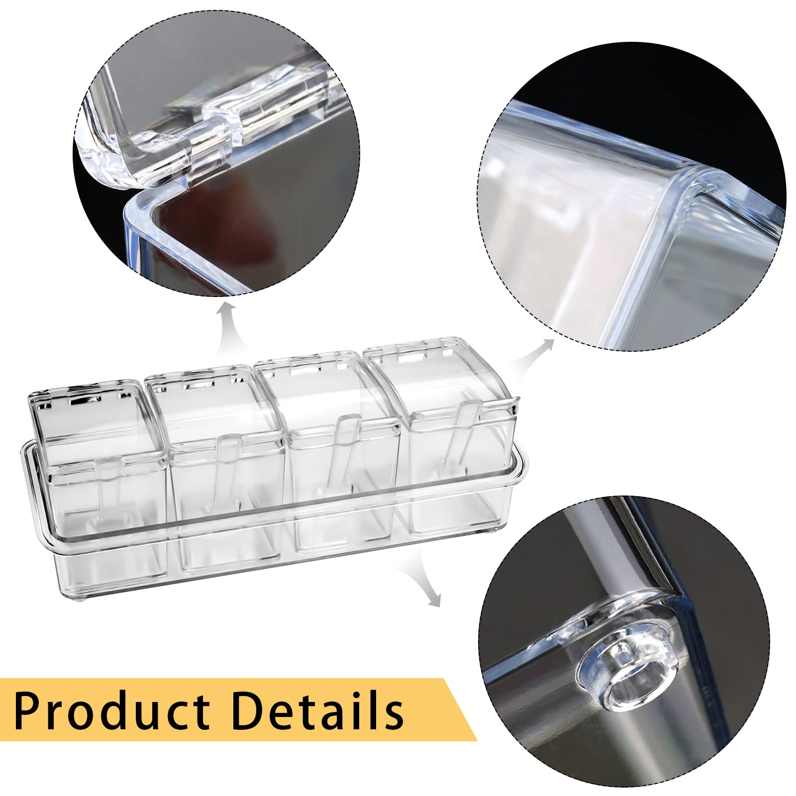 Faxco 4-Cell Clear Seasoning Rack Spice Box, Storage Container Condiment Jars Acrylic Seasoning Box with Cover and Spoon (Basic