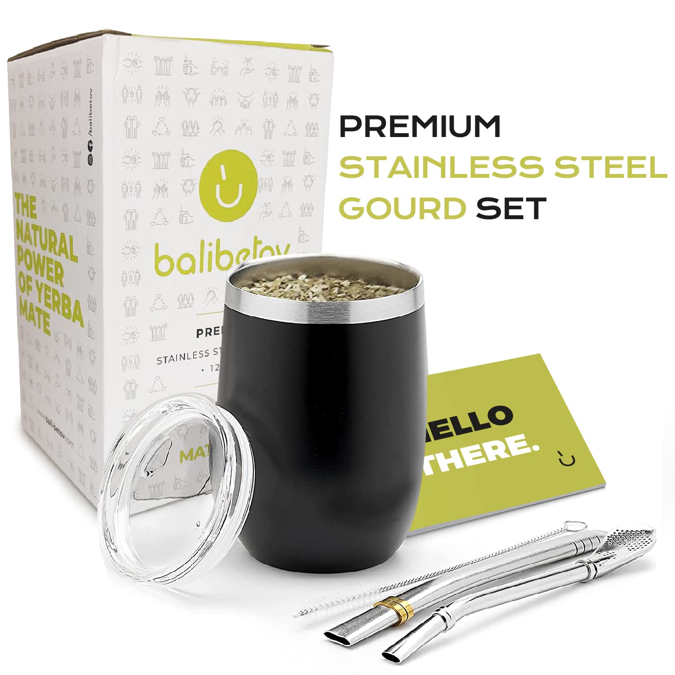 BALIBETOV 5 pcs large Yerba Mate cup and Bombilla Kit  Includes one 12 oz Yerba Mate gourd with Lid  Two Bombillas Mate Straw and one cleaning brush (Black  800)