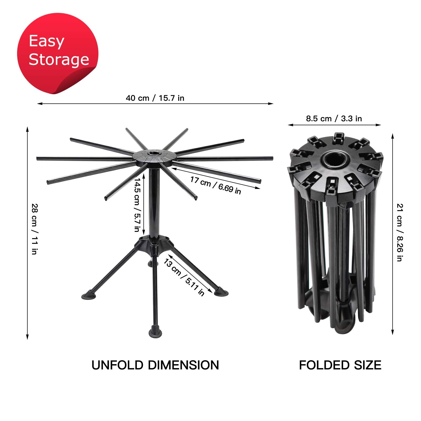 Cambom Foldable Pasta Drying Rack- Plastic Spaghetti Household Noodle Dryer With 10 Bar Handles (Black)
