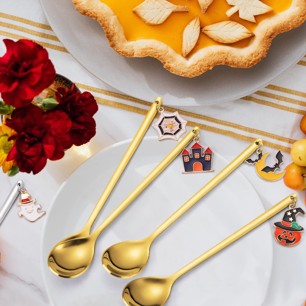 Acewen 6Pcs Halloween Coffee Spoons With Pumpkin Ghost Bat Spider Web Hanging Pendants Stainless Steel Spoons For Soup Milk Stir
