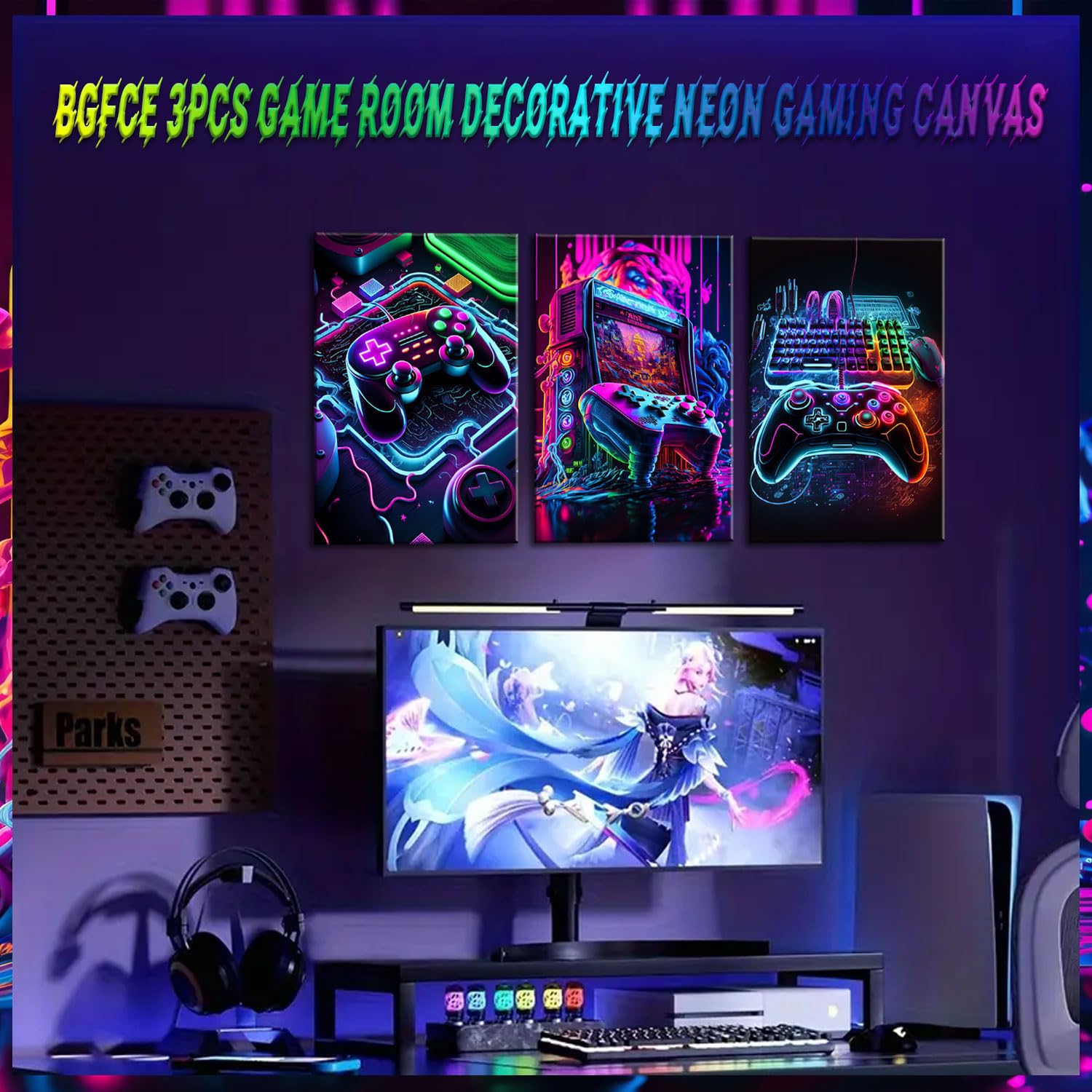 Bgfce 3Pcs Game Room Decor Neon Gaming Wall Art Posters Gamer Accessories Theme Canvas Print Game Console Painting Picture For C