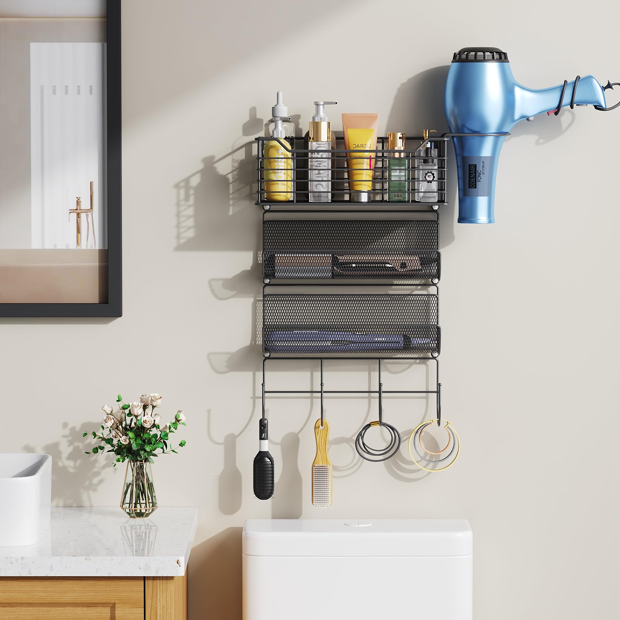 Vitviti Metal Hair Tool Organizer Wall Mount, Hair Dryer Holder With 3 Tier Shelf Basket Hooks, Bathroom Hair Styling Tool Organ