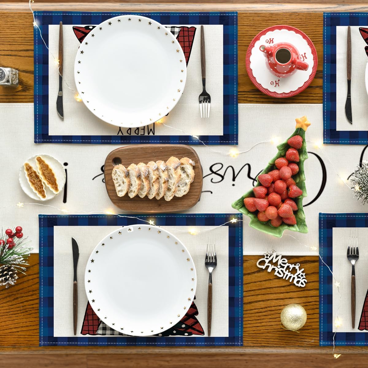 Artoid Mode Blue Waterclor Buffalo Plaid Christmas Trees Placemats Set Of 4, 12X18 Inch Winter Table Mats For Outdoor Home Party