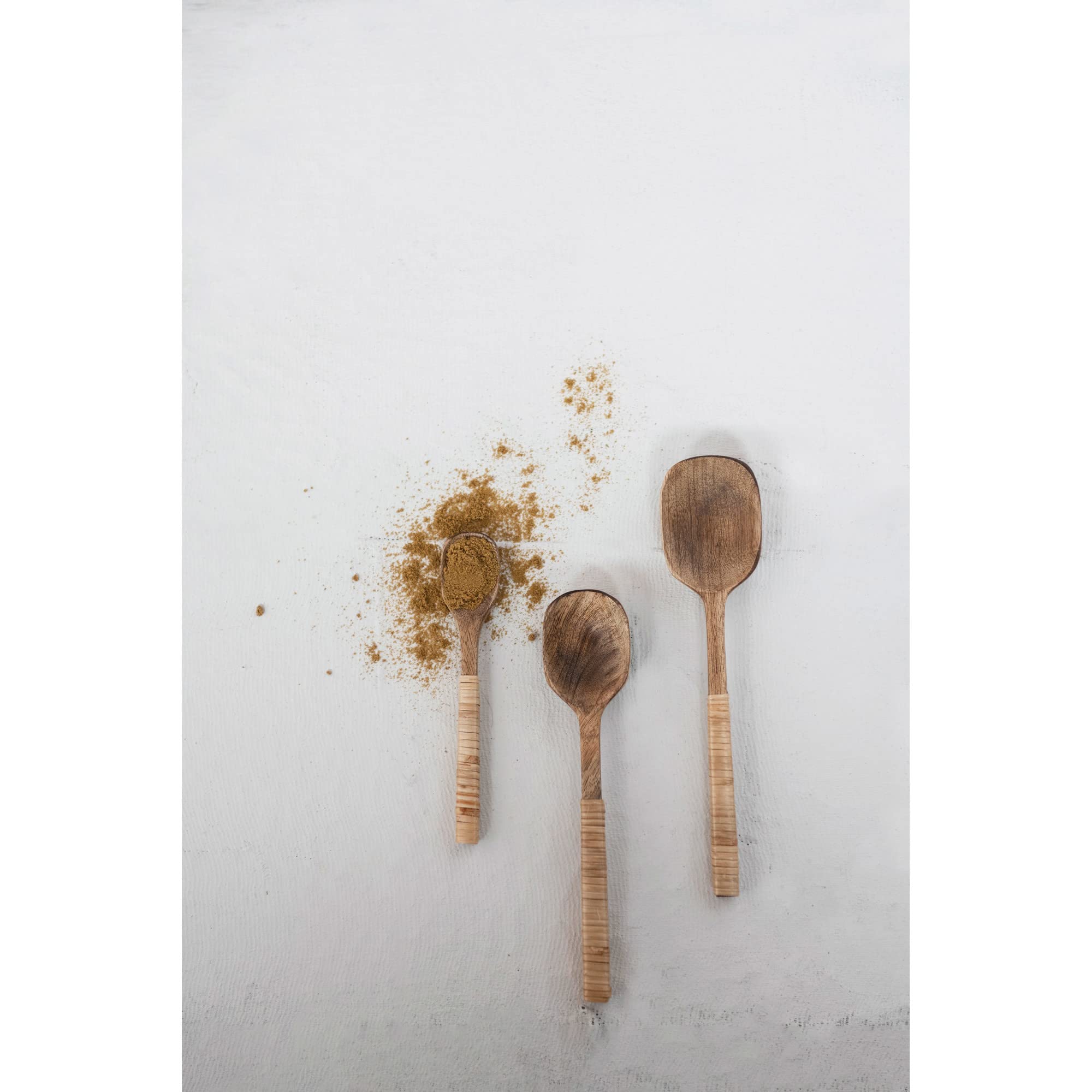 Creative Co-Op Mango Wood Spoons With Bamboo Wrapped Handles, Set Of 3 In Printed Drawstring Bag