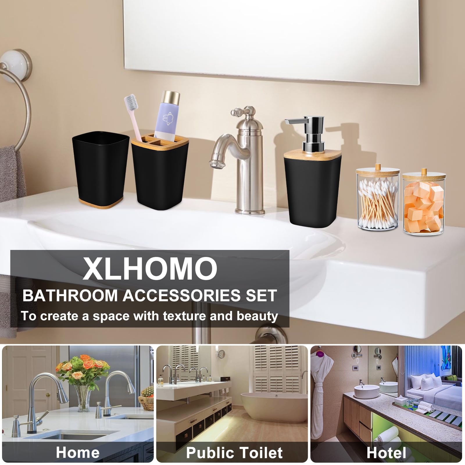 Xlhomo Bathroom Accessory Set Black Bathroom Set, 9 Piece Black Bathroom Accessories Bathroom Sets With Bathroom Trash Can Bathr