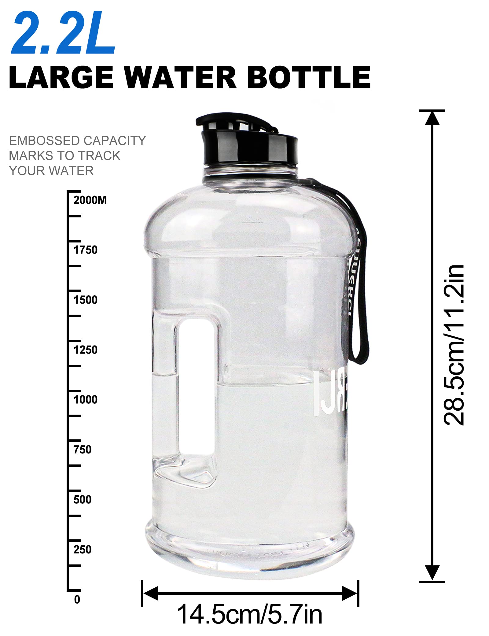 VENNERLI Water Bottle with Handle Portable Large Plastic Water Bottles for Adults BPA-free Half Gallon Water Bottle Reusable 2 Liter Water Jugs for Outdoor Hiking Fitness Travel Camping Cycling