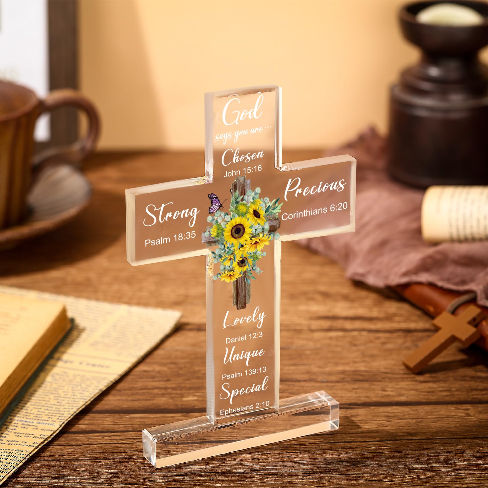 Chunful Acrylic Christian Jesus Gift for Women Men Acrylic Standing Cross Religious Inspirational Gifts with Bible Verse and Pra