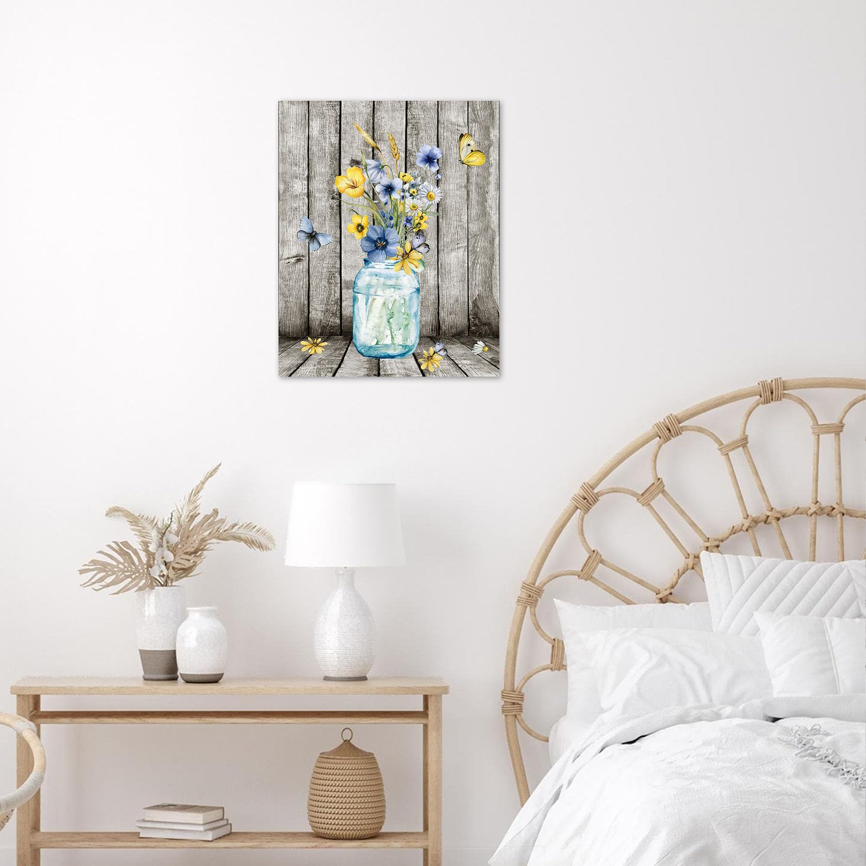 Hvest Blue And Yellow Floral Wall Art For Living Room,Blue Flower In Vase And Butterfly On Farmhouse Wood Canvas Wall Art Countr