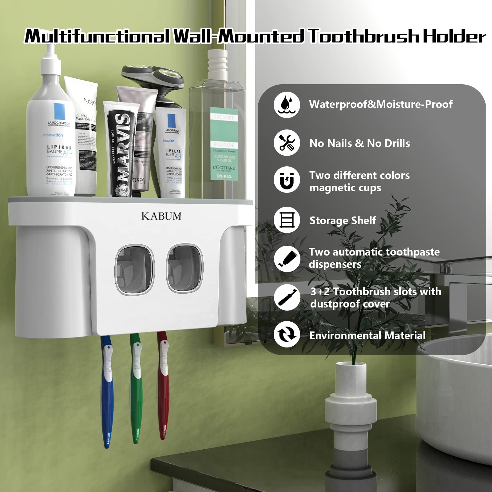 Toothbrush Holders For Bathrooms Toothpaste Dispenser - 2 Cups Automatic Toothpaste Squeezer Wall Mounted, Ideal Bathroom Access
