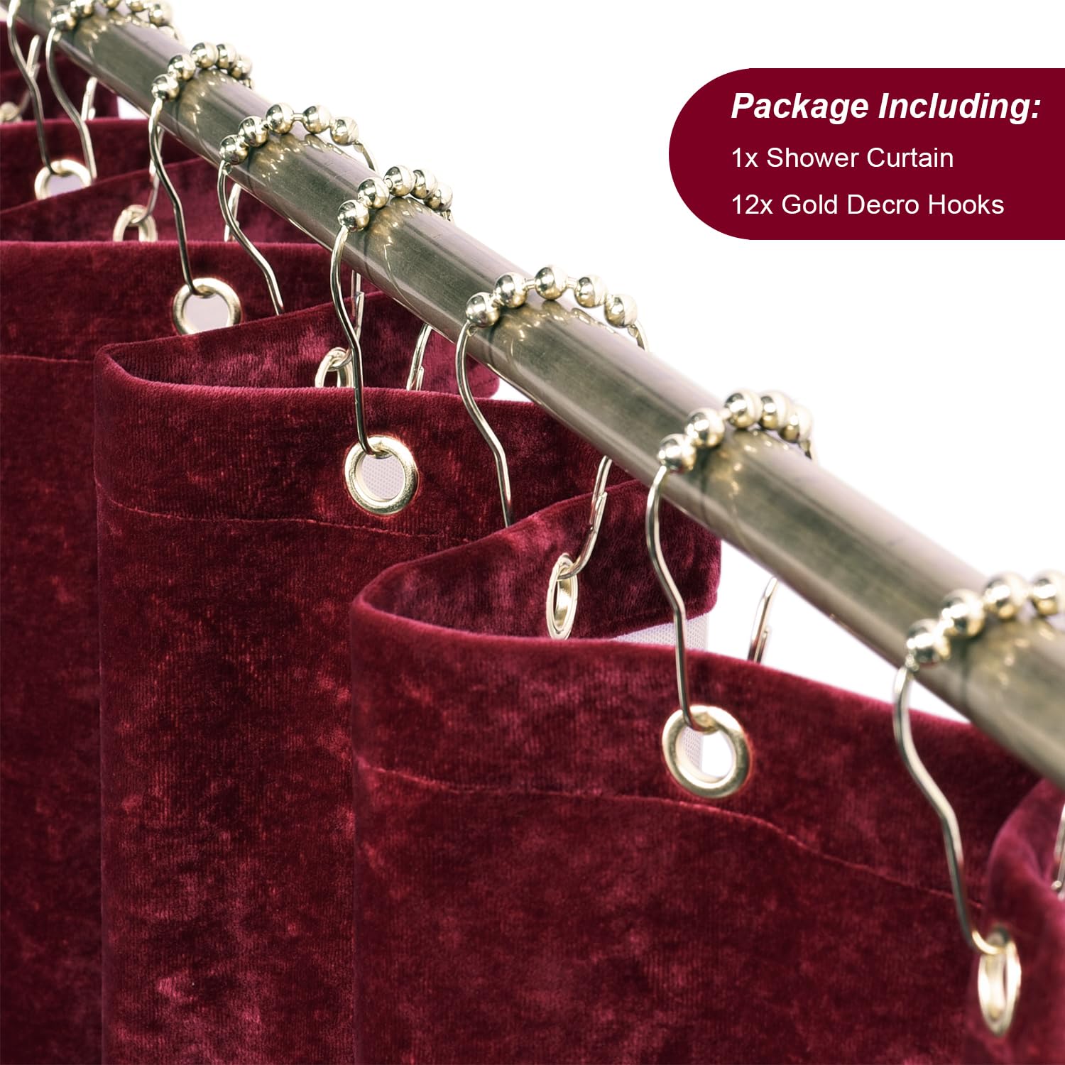 Tamgho Red Shower Curtain For Bathroom, Luxury Crushed Velvet Shower Curtain Red, Dark Shower Curtain Set With Gold Decro Metal