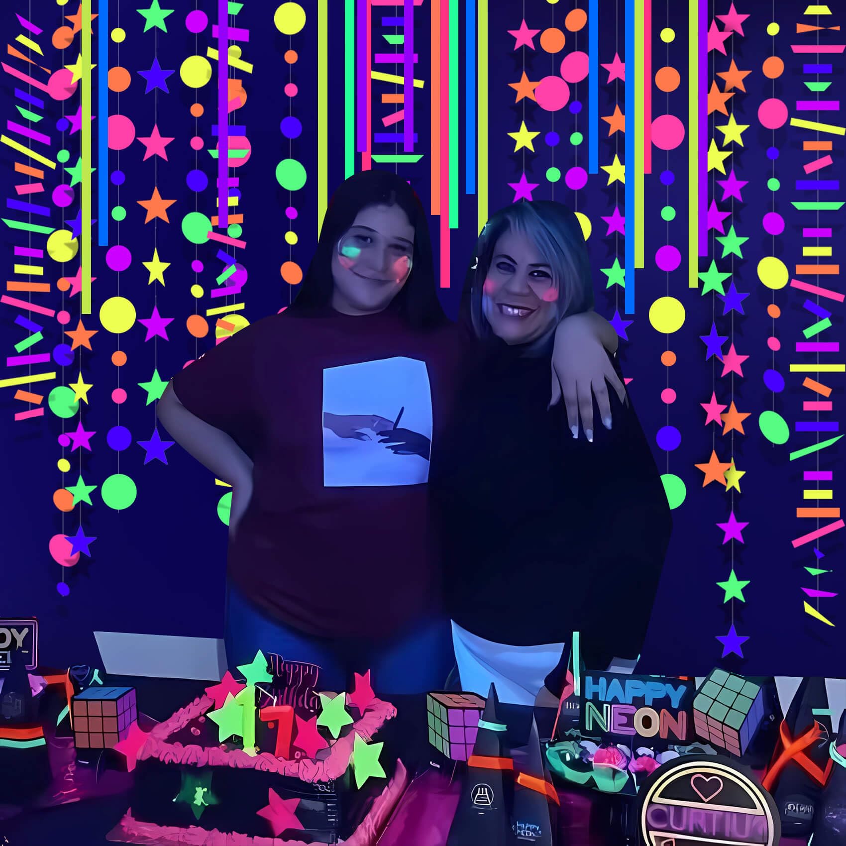 108feet UV Neon Paper Star Garland Glow in The Dark Streamers for neon Party Supplies UV Fluorescent Reactive Paper Star Banner