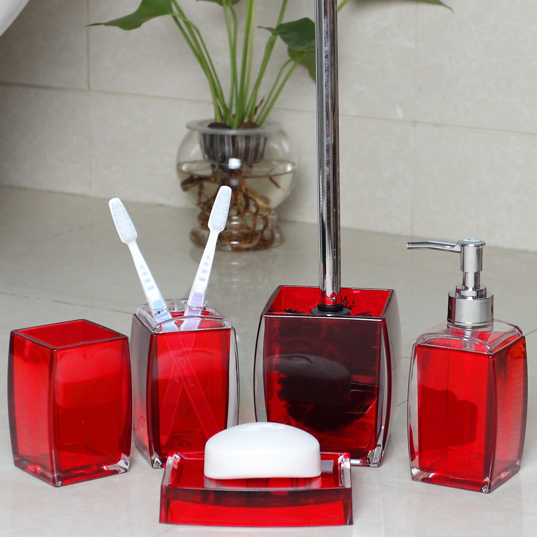 Tuanyo 5 Pcs Red Acrylic Bathroom Accessories Set Complete, Lotion/Soap Dispenser, Soap Dish, Toothbrush Holder, Tumbler, Toilet