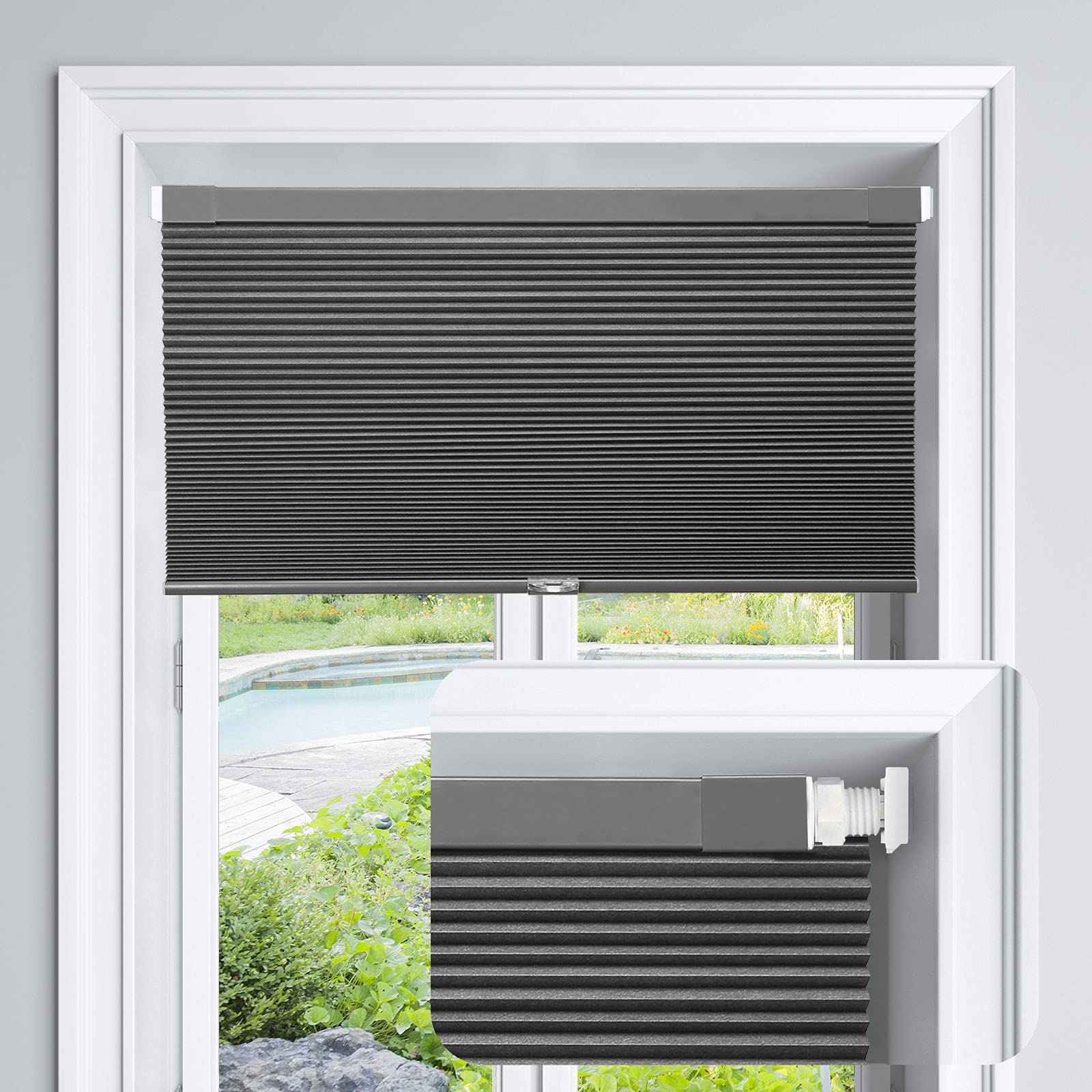 LazBlinds Cordless Cellular Shades, No Tools No Drill Blackout Honeycomb Shades Pleated Blinds for Windows, 26 W x 64 H, Midnigh