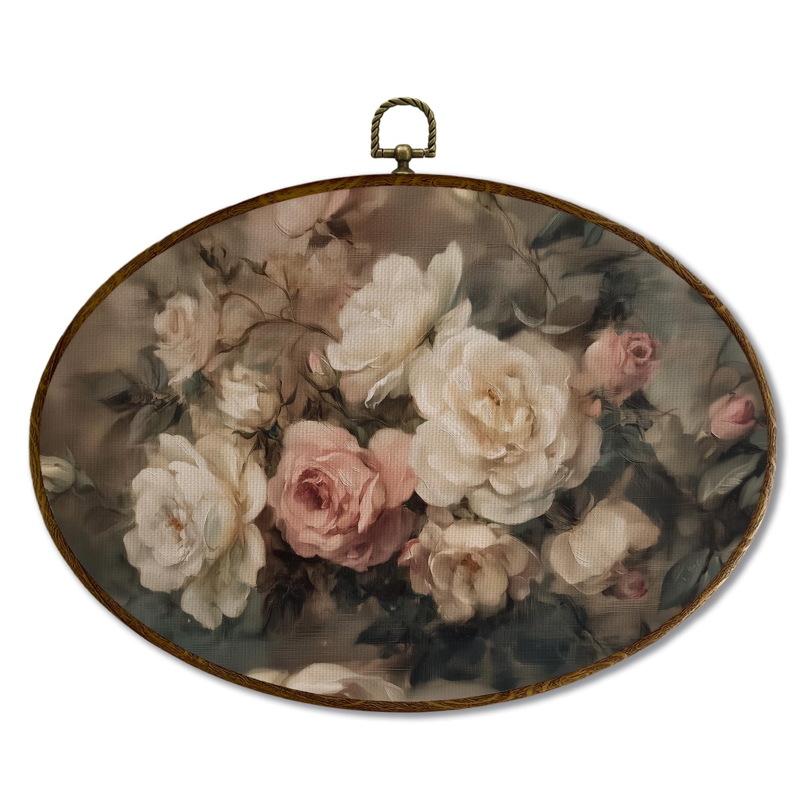 Jqf Vintage Rose Floral Oval Wall Decor, Cottagecore Floral Oval Canvas Wall Art, Rustic Moody Botanical Flower Framed Prints Ha