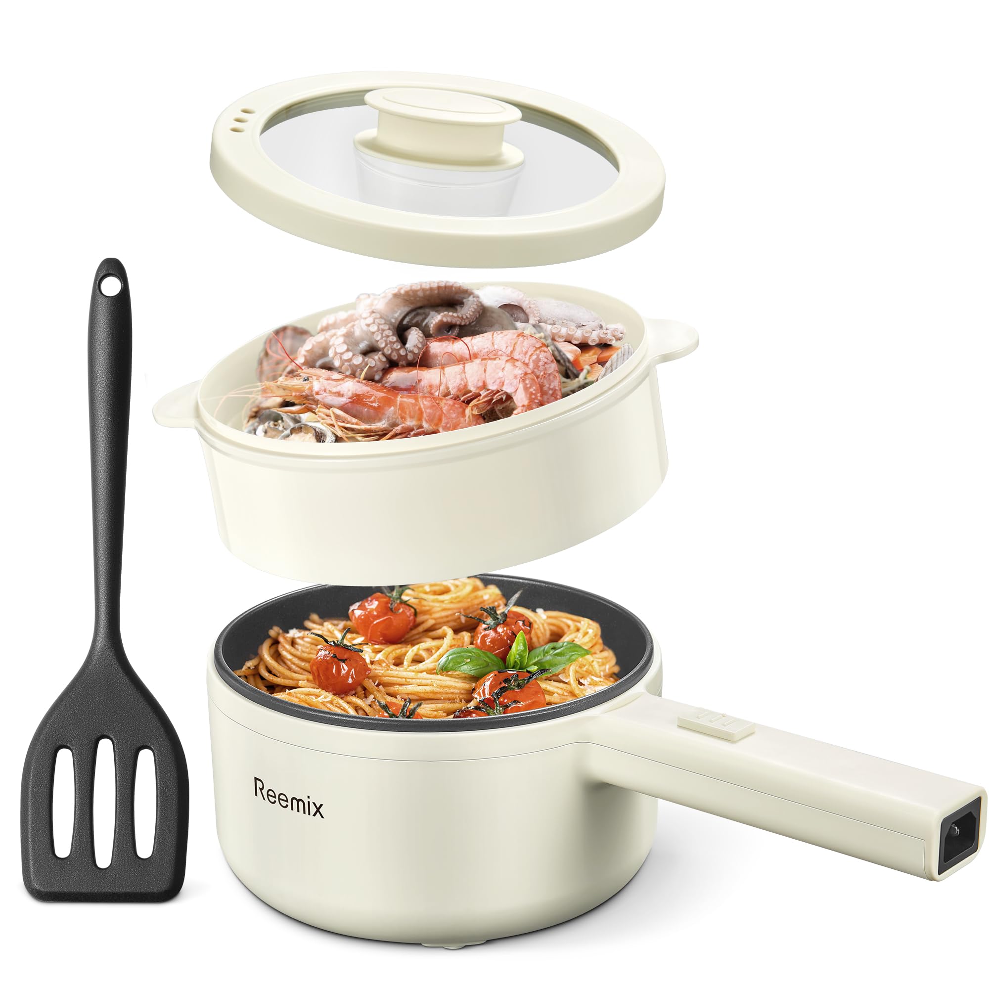 Hot Pot Electric With Steamer, 1.6L Ramen Cooker NonStick Saut Pan