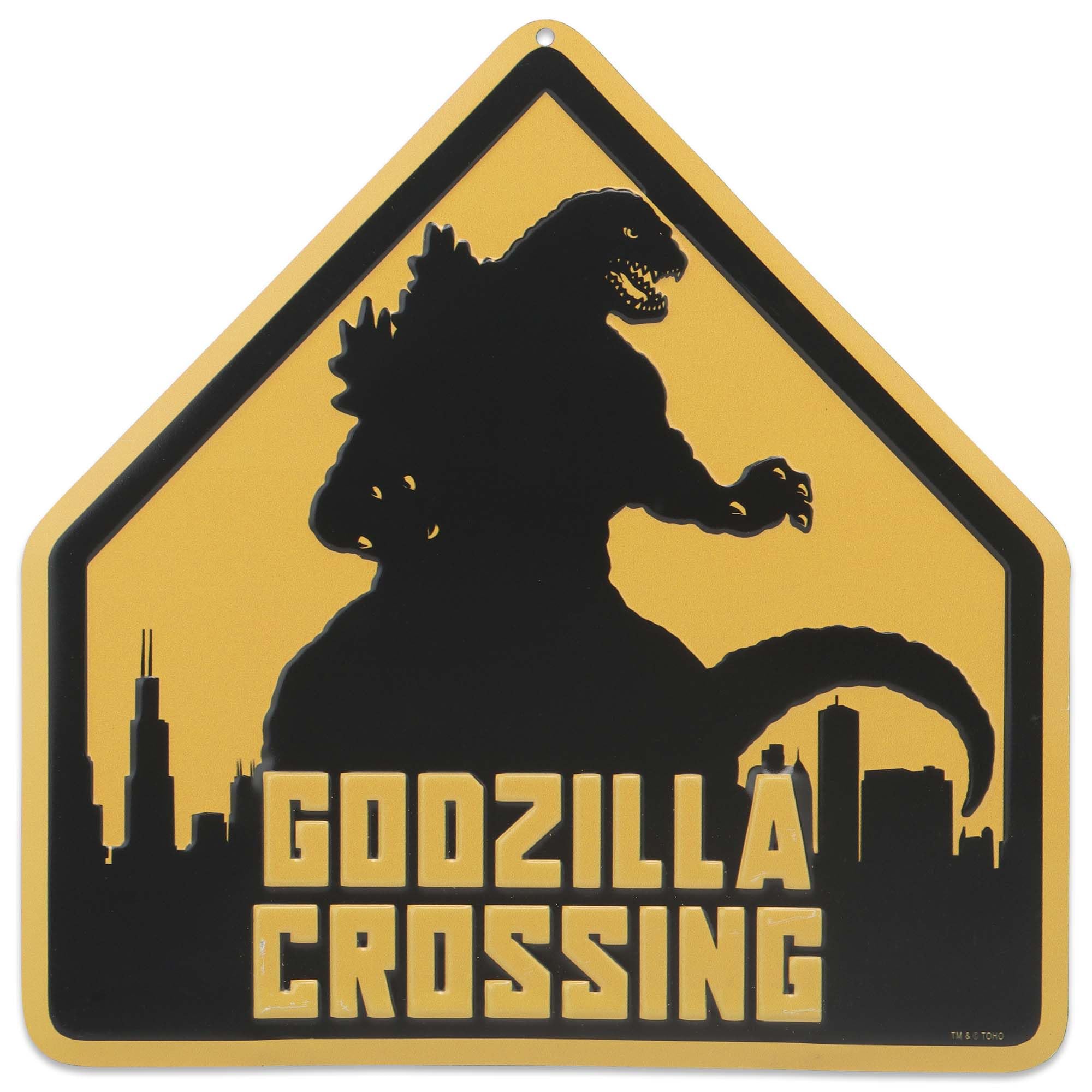 Godzilla Crossing Embossed Metal Wall Decor - Bold Godzilla Sign for Game Room or Man Cave
