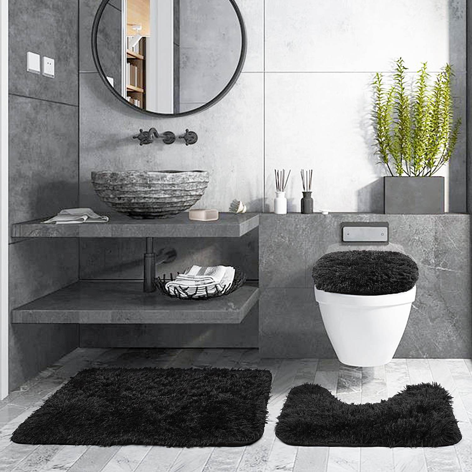 3 Piece Thicken 0.4'' Bath Rugs Set, Bath Rug + Contour Mat + Toilet Seat Cover, Super Long Soft Microfiber Water Absorbent & No