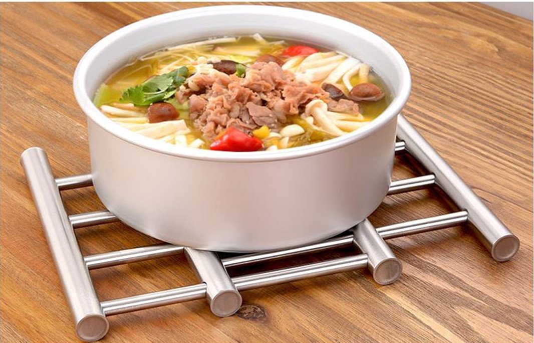 Leoyoubei 8x9 Metal Adjustable Trivet Wite from 9'' to 15'' Multi-Purpose Spoon Rest and Kitchen Table mats Shrink Pads Non-Sliding hot pad and Pot Holder (Silver)