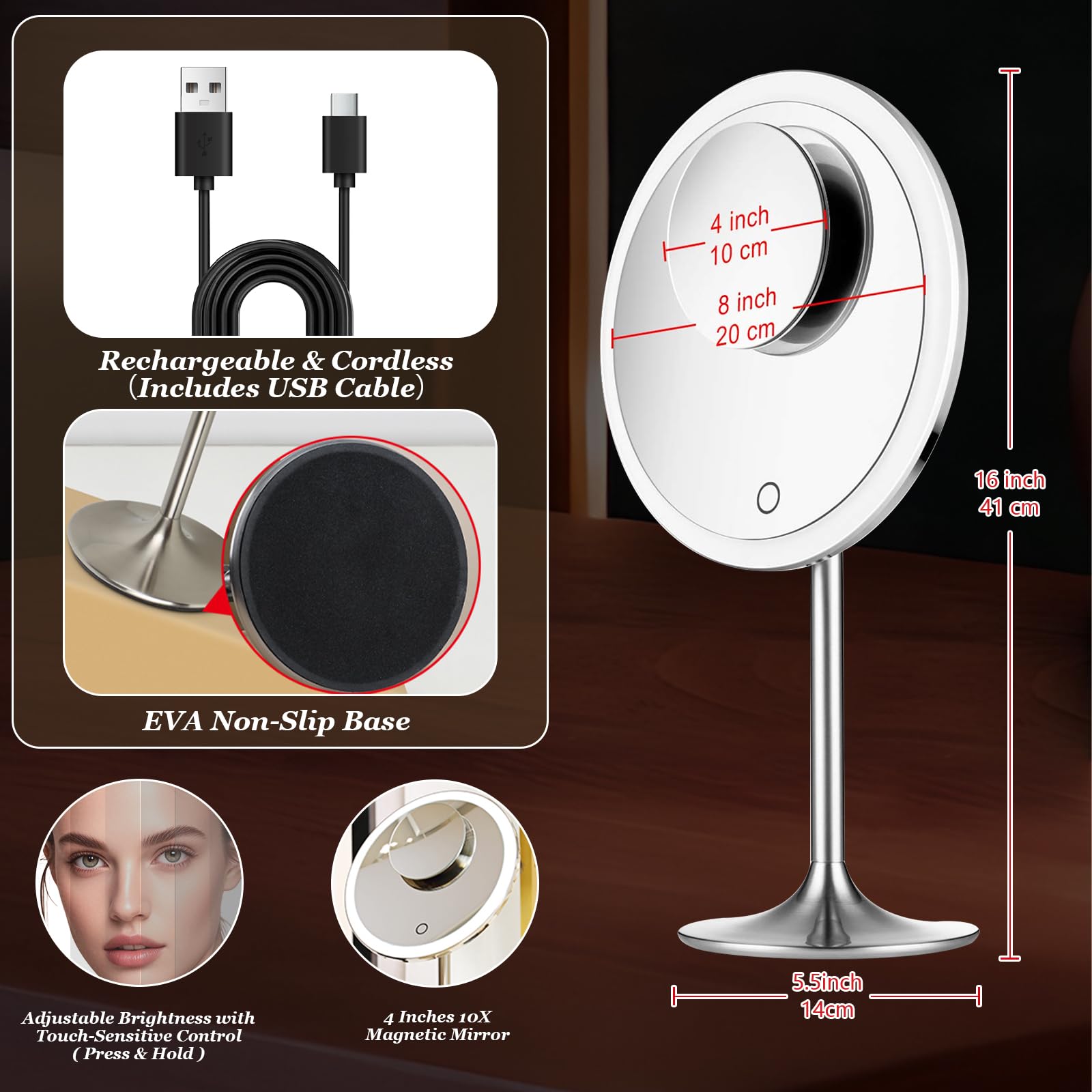 Miusco Makeup Mirror 9 Vanity Mirror With Lights, 5X & 10X Magnification - Front/Back Magnetic Design, Rechargeable & Cordless,